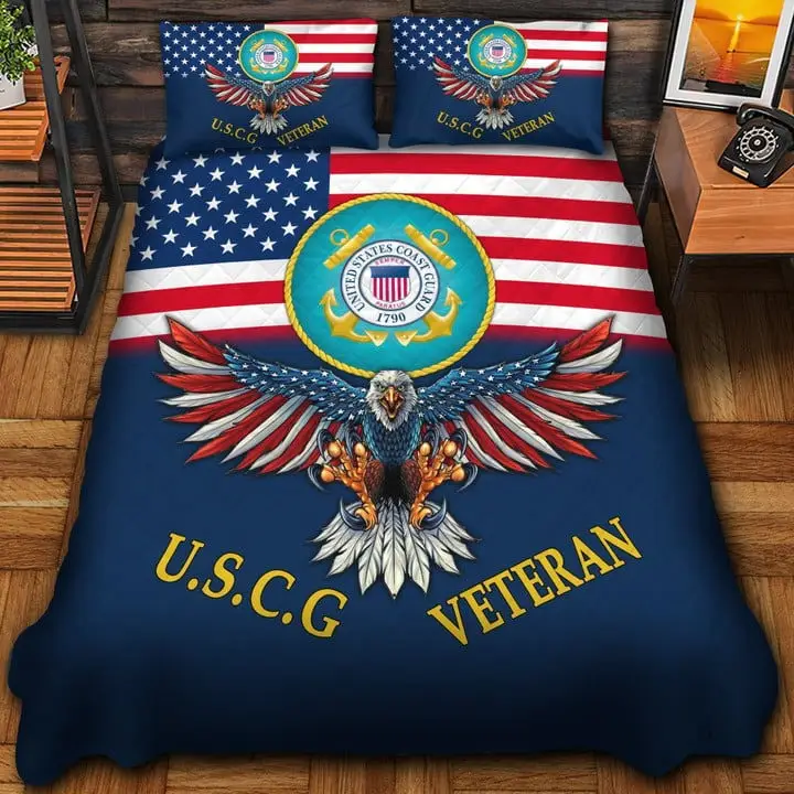U.S.C.G Veteran Quilted Bedding Set Duvet Cover Bedspread Eagle USA Flag Bedroom Decor Gifts