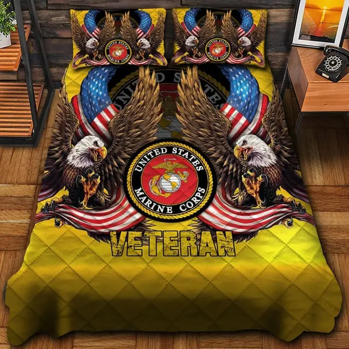 U.S.Marine Corps Veteran Quilted Bedding Set Duvet Cover Bedspread Military Gifts For Husband