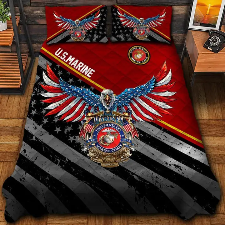 U.S.Marine Veteran Quilted Bedding Set Duvet Cover Bedspread Eagle USA Flag Military Gifts U.S.Marine Veteran Quilted Bedding Set Duvet Cover Bedspread Eagle USA Flag Military Gifts - Image 1