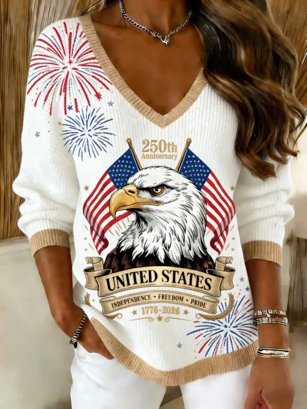 United States 250th Anniversary V-Neck Long Sleeve Shirt Independence Freedom Pride Gift For Her