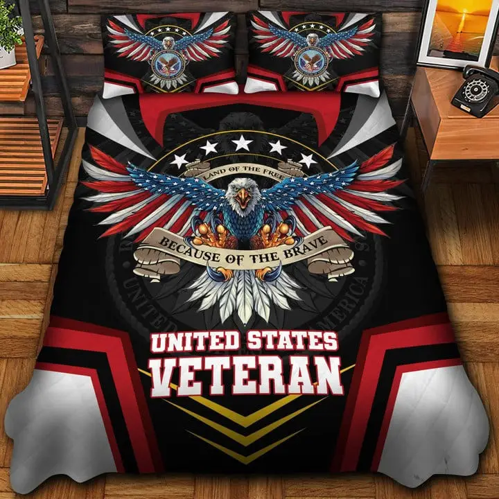 United States Veteran Quilted Bedding Set Duvet Cover Bedspread Because Of The Brave Gifts For Her