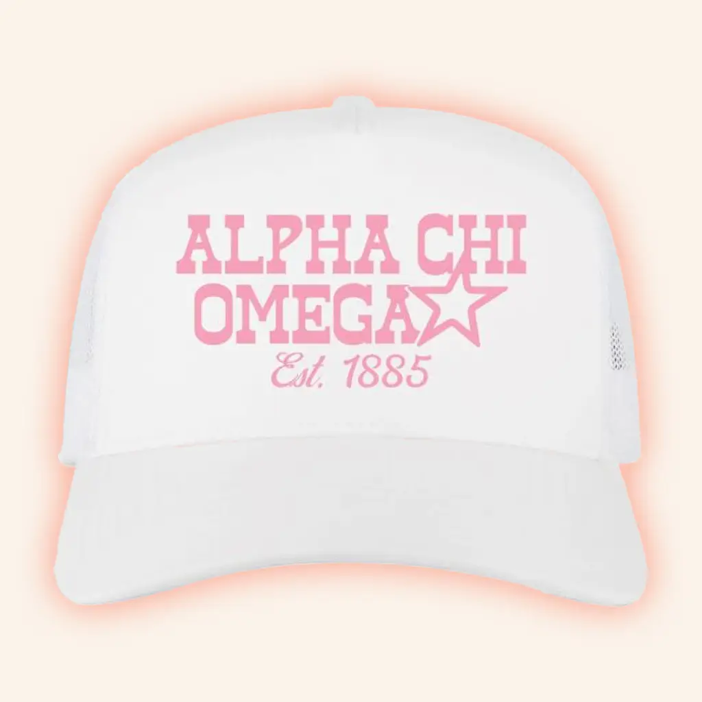 University Tees Merch Alpha Chi Omega Est 1885 Trucker Hat Gift Ideas For Her -WearandDecor