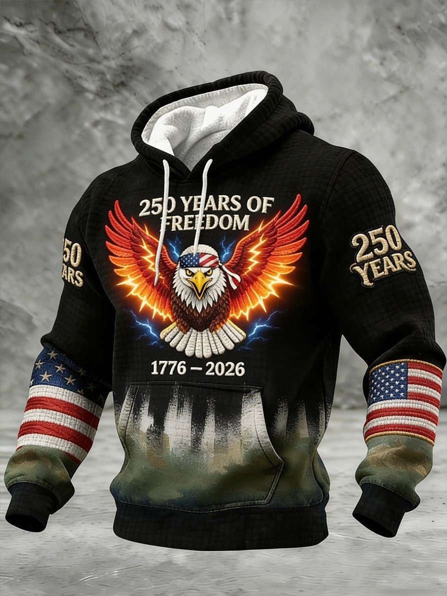 US 250th Anniversary Hoodie Bald Eagle USA Flag Graphic Patriotic Apparel for Men