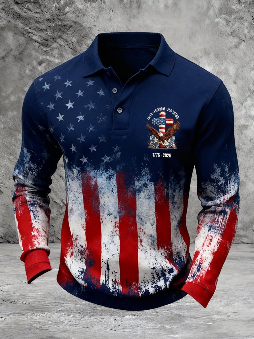 US 250th Anniversary Long-Sleeve Polo Mens Faith Freedom 250 Years Polo Patriotic Gift