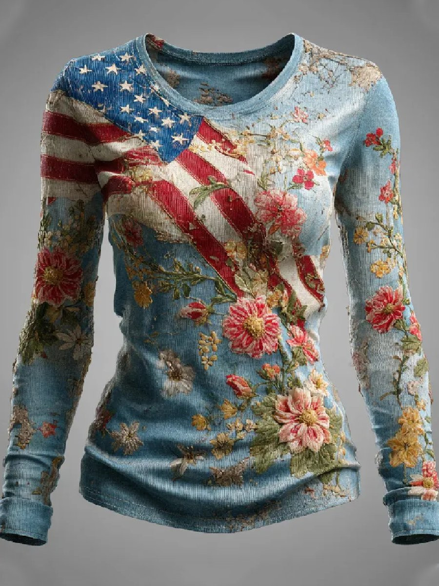 US 250th Anniversary National Flag And Floral Long Sleeve Shirt Patriotic Merch Gifts For Mother US 250th Anniversary National Flag And Floral Long Sleeve Shirt Patriotic Merch Gifts For Mother - Image 1
