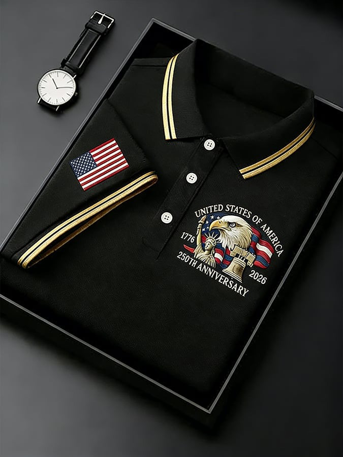 US 250th Anniversary Polo Shirt Bald Eagle American Flag print Patriotic Apparel for Men