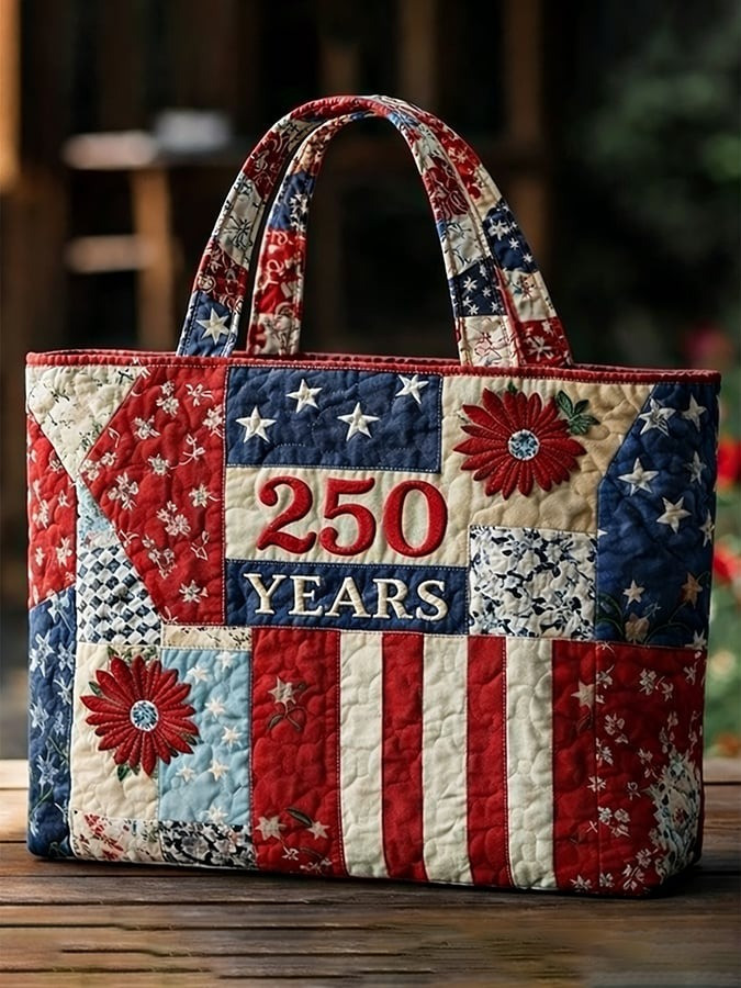 US 250th Anniversary Quilted Tote Bag Floral Art Patriotic Items Gift for Mom US 250th Anniversary Quilted Tote Bag Floral Art Patriotic Items Gift for Mom - Image 1