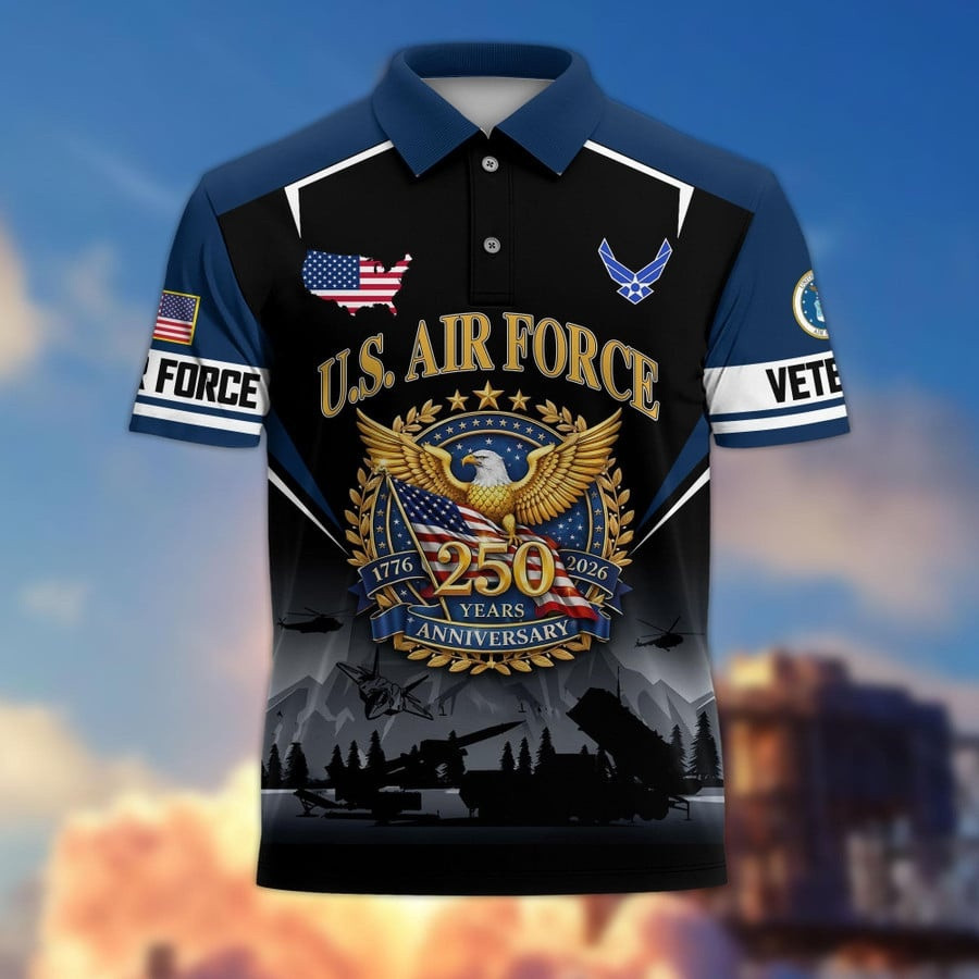 US Air Force Veteran 250 Years Anniversary Polo Shirt 2026 USAF Merch 4th Of July Gifts