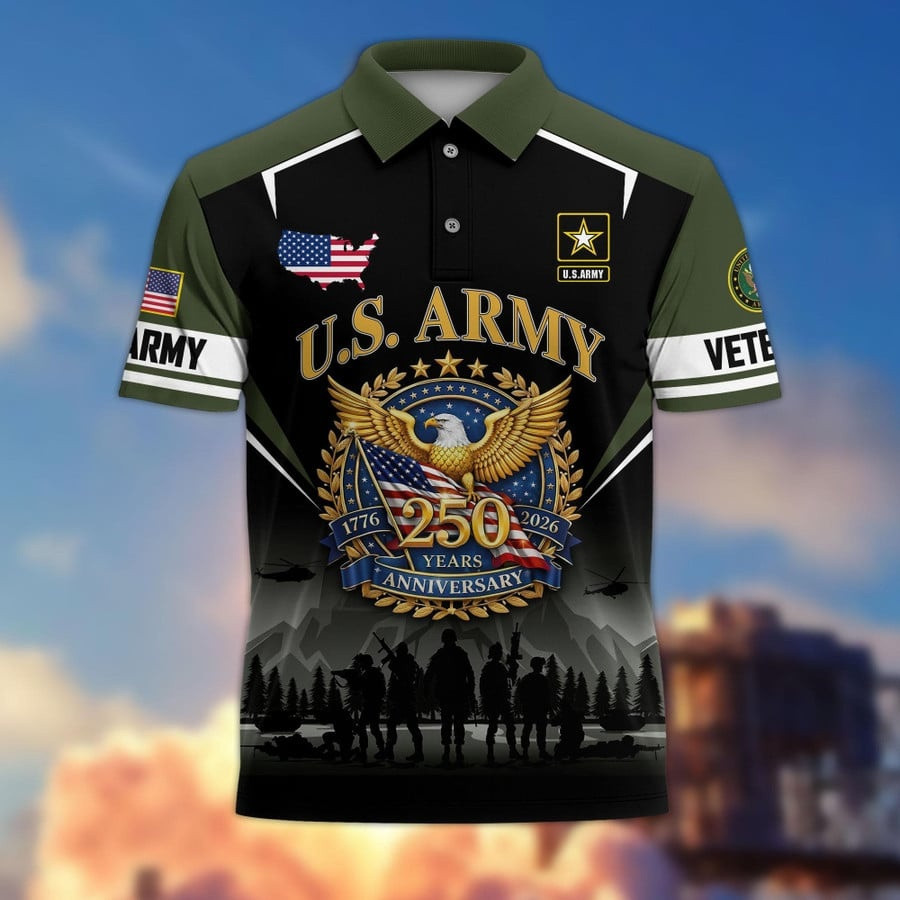 US Army Veteran 250 Years Anniversary Polo Shirt Men's Patriotic Apparel 2026 Gifts For Veteran