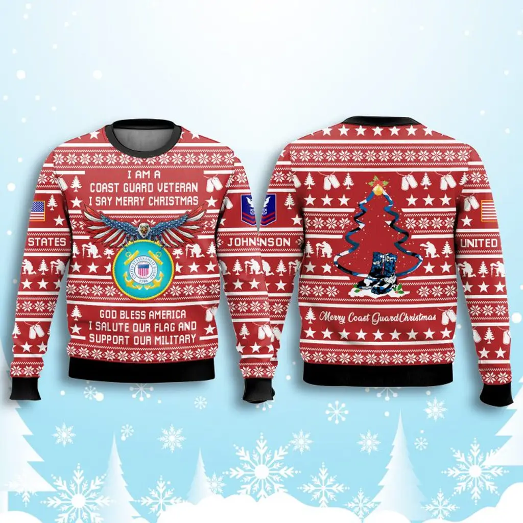 US Coast Guard Veteran God Bless America Ugly Christmas Sweater Coast Guard Gifts For Veterans - WearandDecor