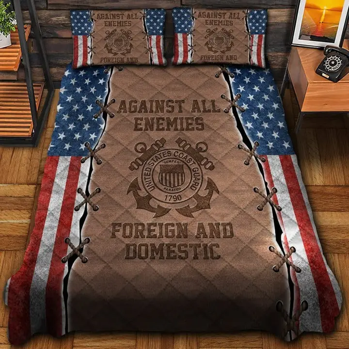 US Coast Guard Veteran Quilted Bedding Set Duvet Cover Bedspread Against All Enemies Gift Ideas