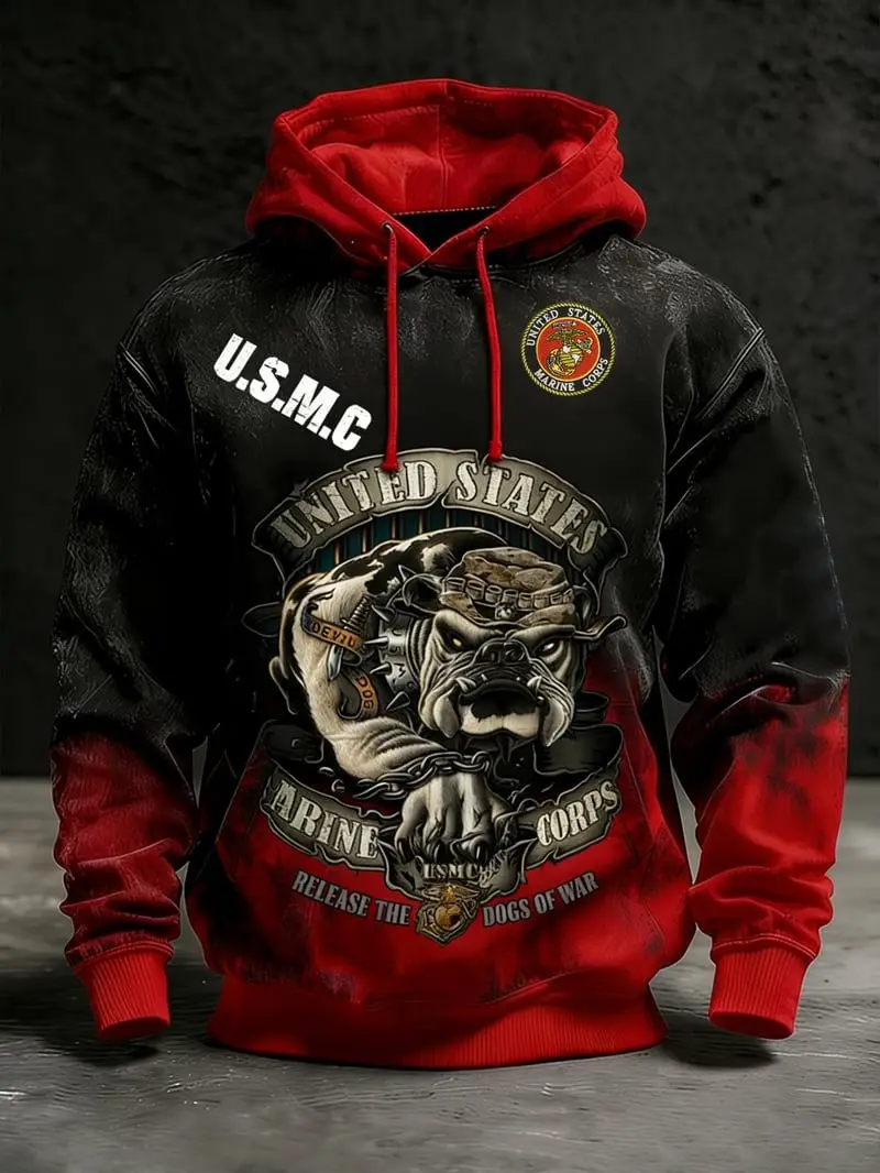US Marine Corps Skull Hoodie USMC Veteran Military Patriotic Devil Dog Pullover Gift For Him