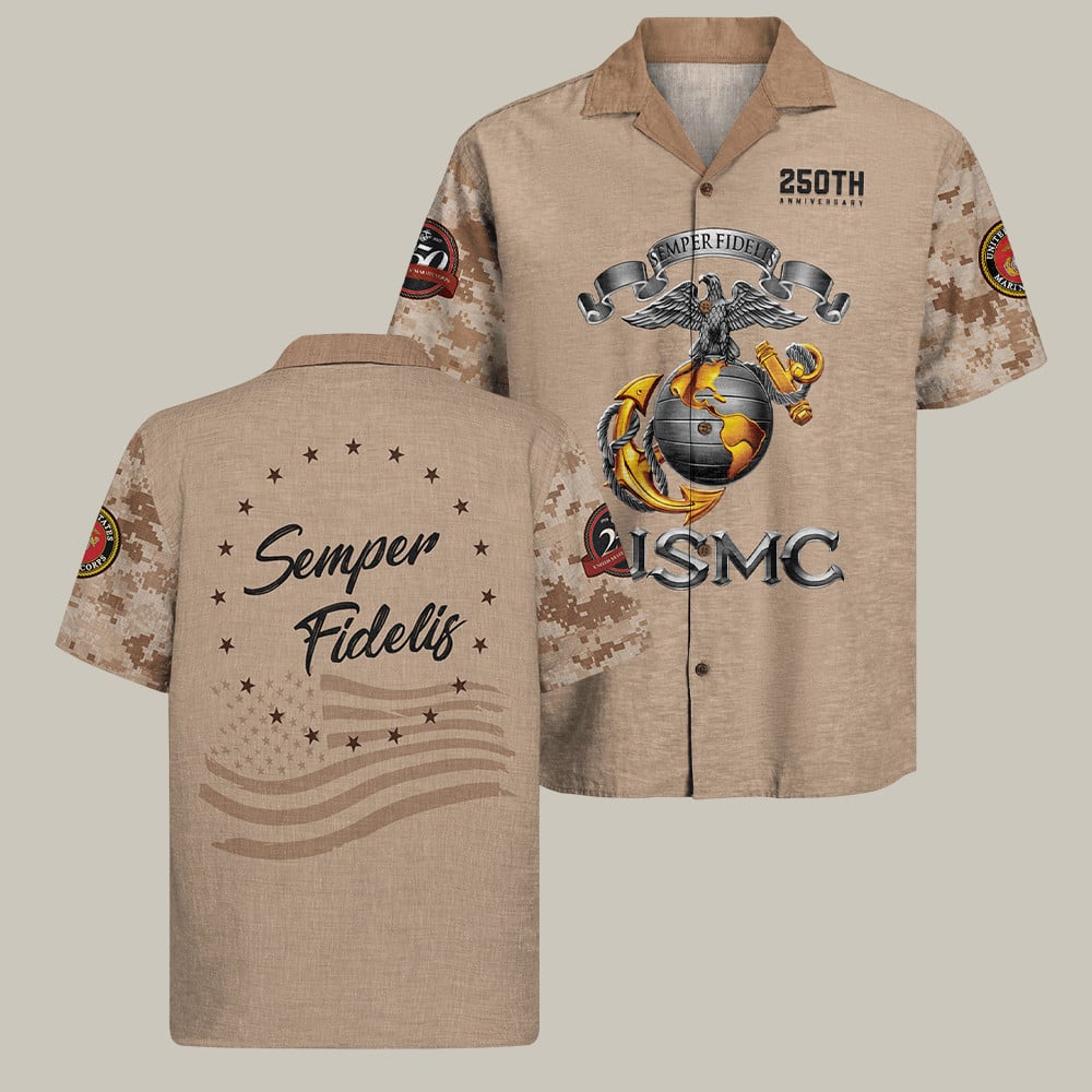 US Marines 250Th Anniversary Camo Hawaiian Shirt Semper Fidelis Veteran Merch Gifts Ideas
