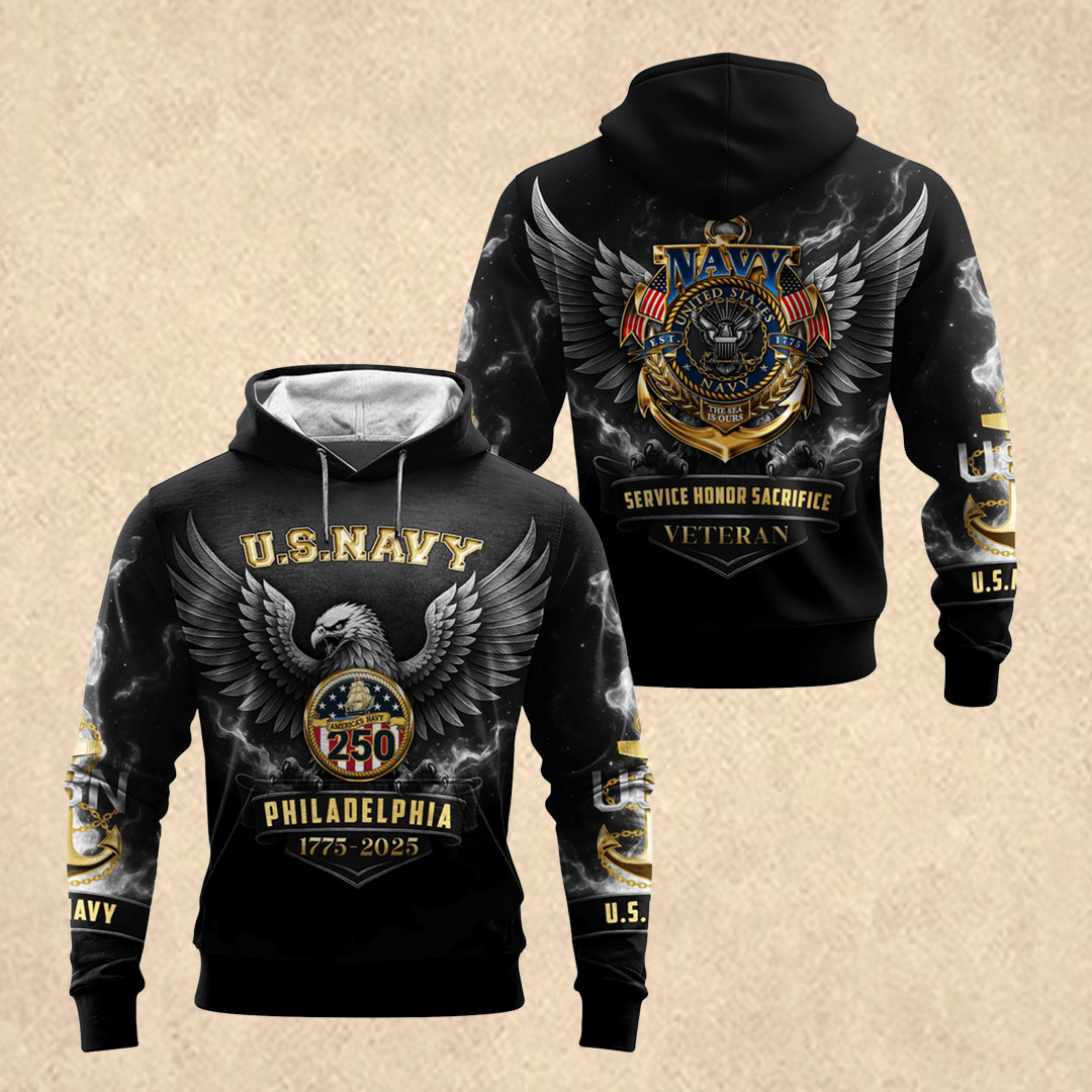 US NAVY 250th All-over Hoodie Memorial Day Apparel Gift for Veterans