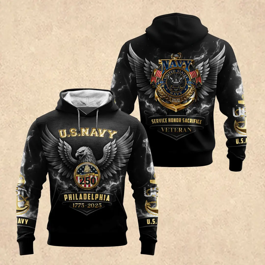 US NAVY 250th All-over Hoodie Memorial Day Apparel Gift for Veterans