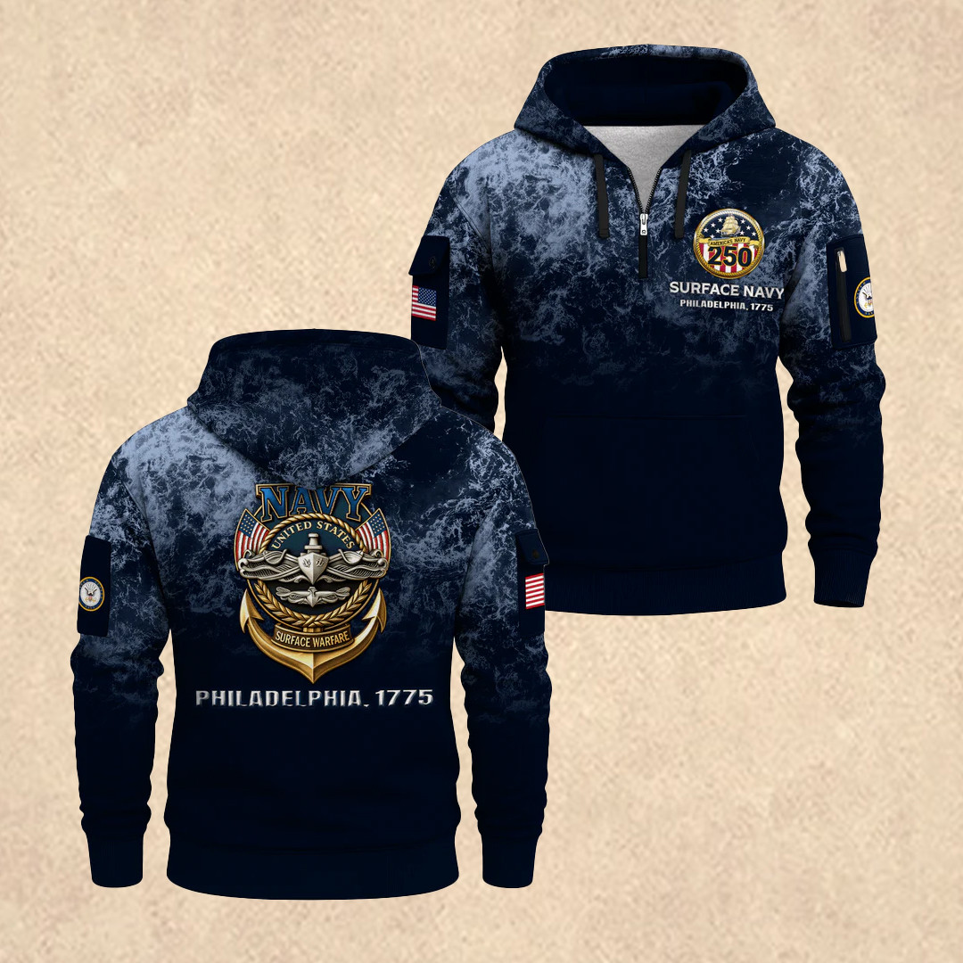 US NAVY 250th All-Over Quarter Zip Hoodie 4Th Of July Merch Gift for Dad