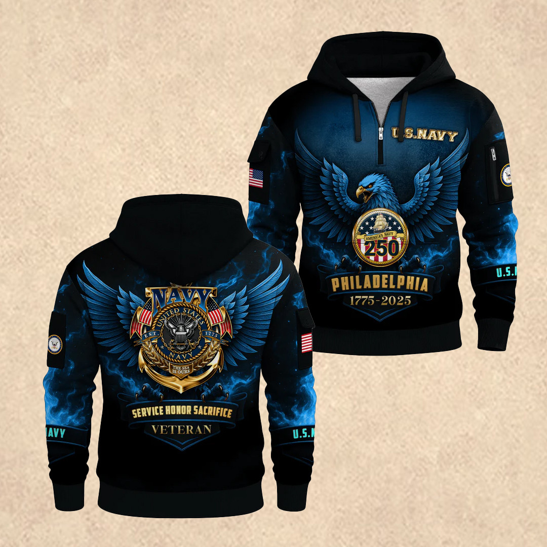 US NAVY 250th All-Over Quarter Zip Hoodie 4th of July Merch Gift for Husband