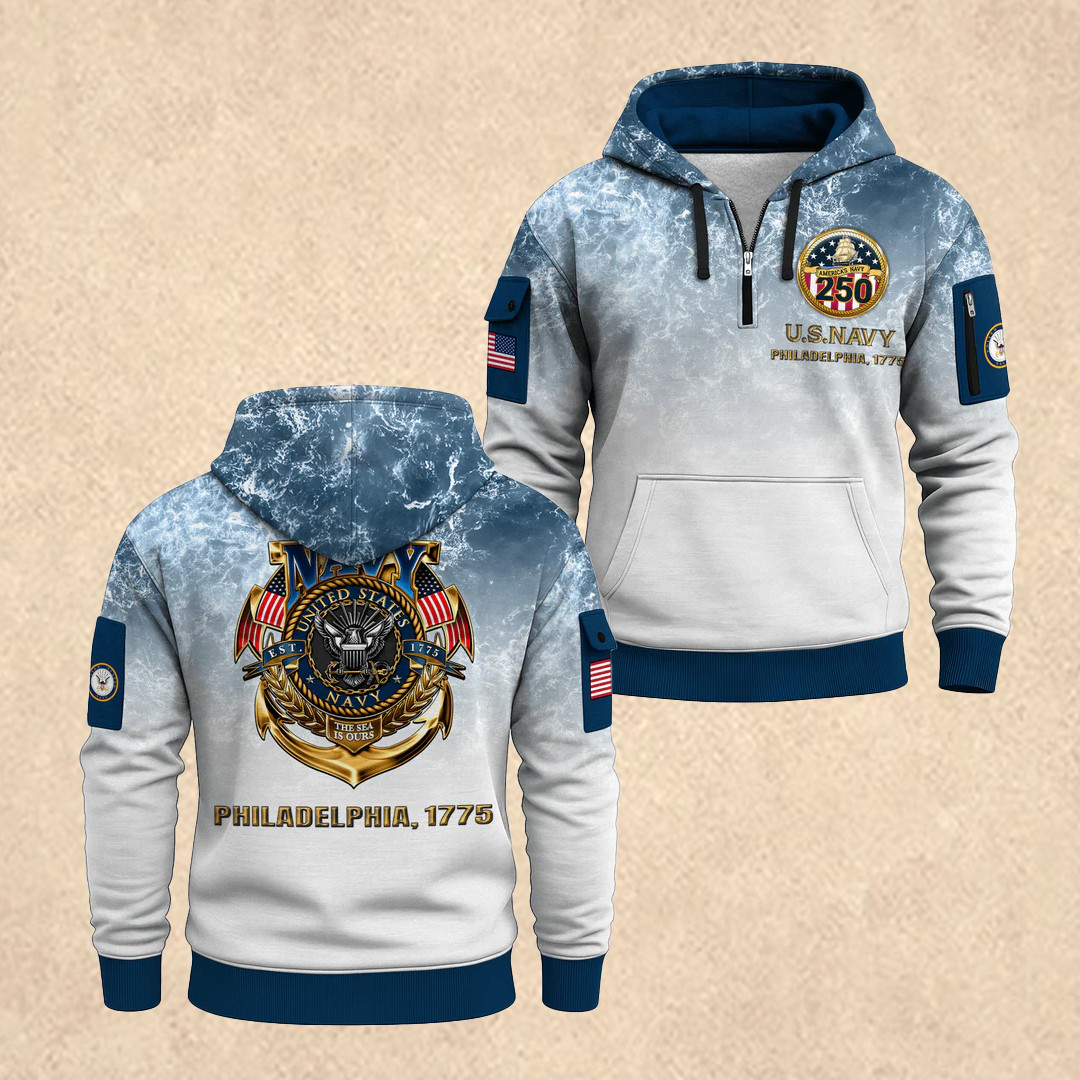 US NAVY 250th All-Over Quarter Zip Hoodie Patriotic Apparel Gift for Him