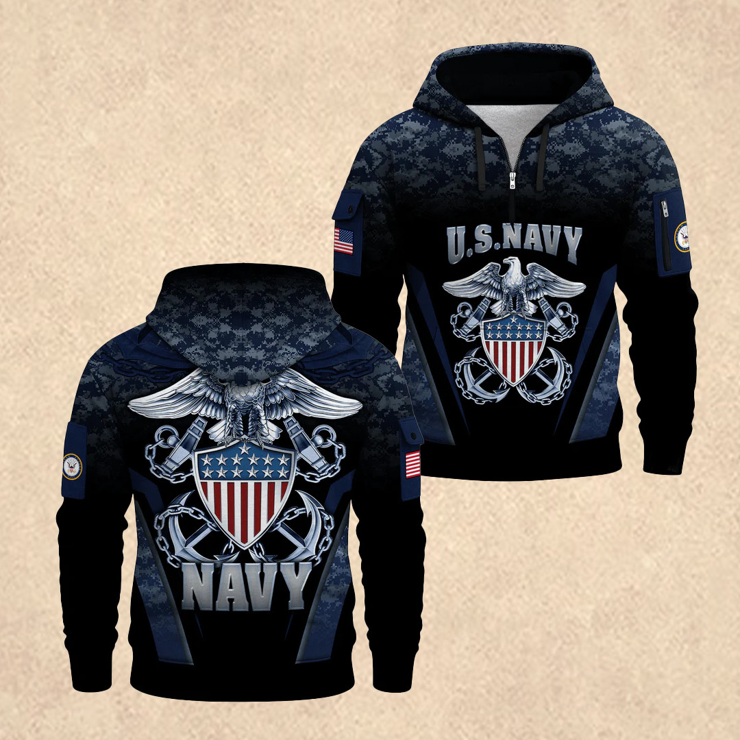 US NAVY 250th All-Over Quarter Zip Hoodie Veteran Day Apparel Gift for Him