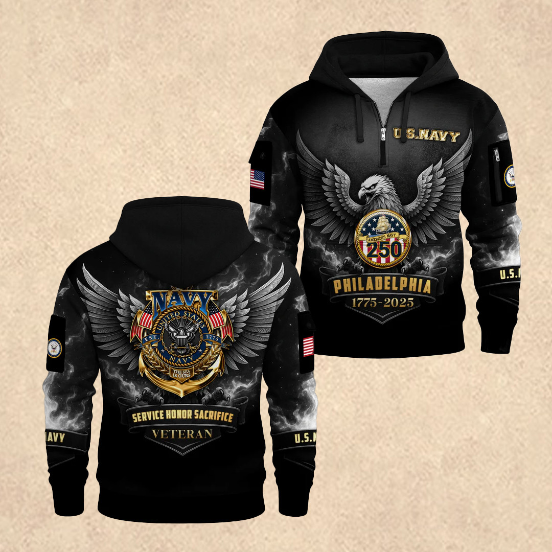US NAVY 250th All-Over Quarter Zip Hoodie Veteran Day Merch Gift for Men