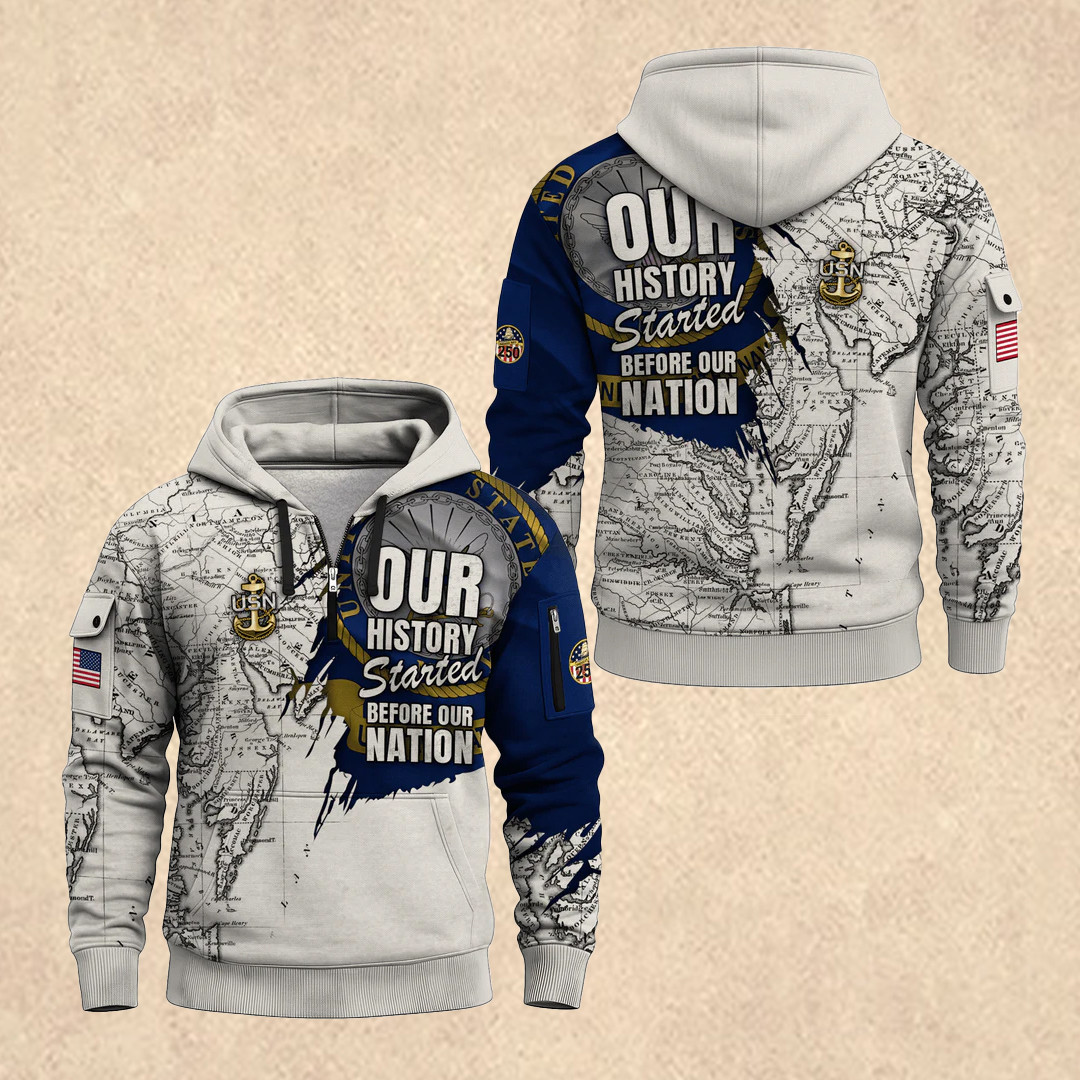 US NAVY 250th Anniversary All-Over Quarter Zip Hoodie Patriotic Apparel Father's Day Gift Idea US NAVY 250th Anniversary All-Over Quarter Zip Hoodie Patriotic Apparel Father's Day Gift Idea - Image 1