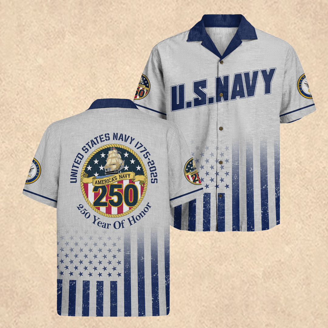 US Navy 250th Anniversary Hawaiian Shirt 4th of July Gear Gift for America's Navy Husband
