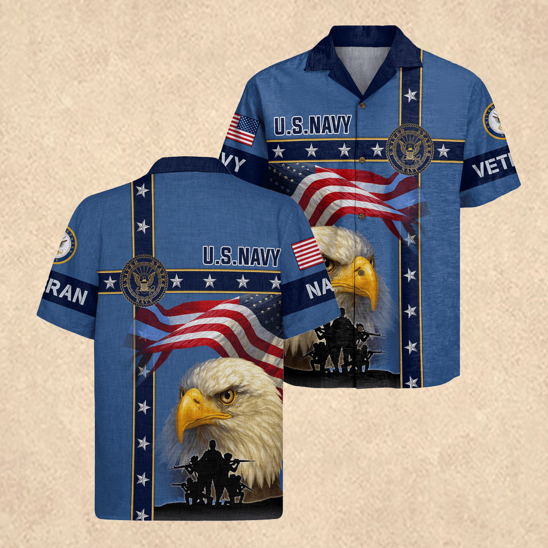 US Navy 250th Birthday Hawaiian Shirt Eagle USA Patriotic Apparel 4th of July Merch Dad Gift