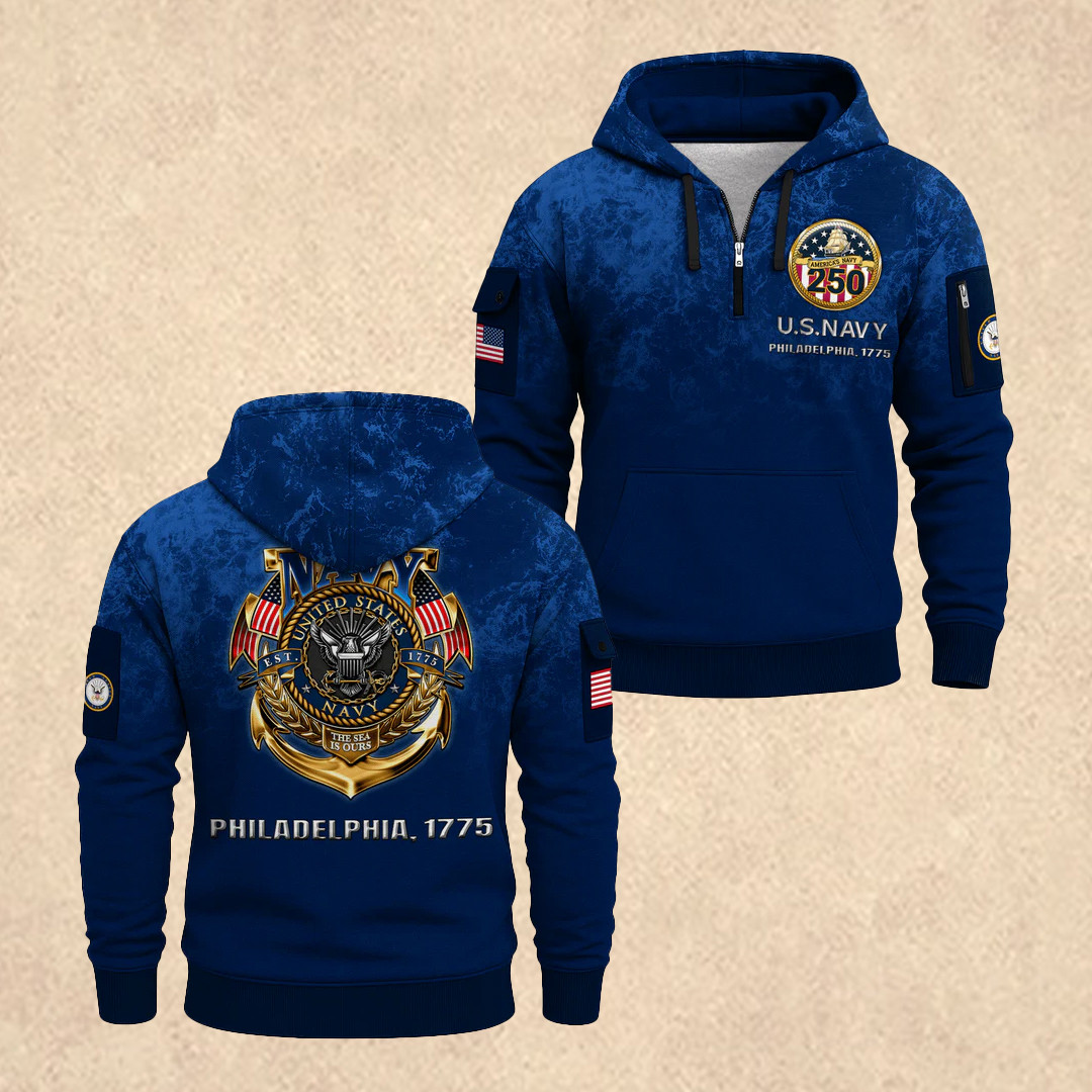 US NAVY 250th Years Of Service All-Over Quarter Zip Hoodie 4th of July Merch Gift For Him