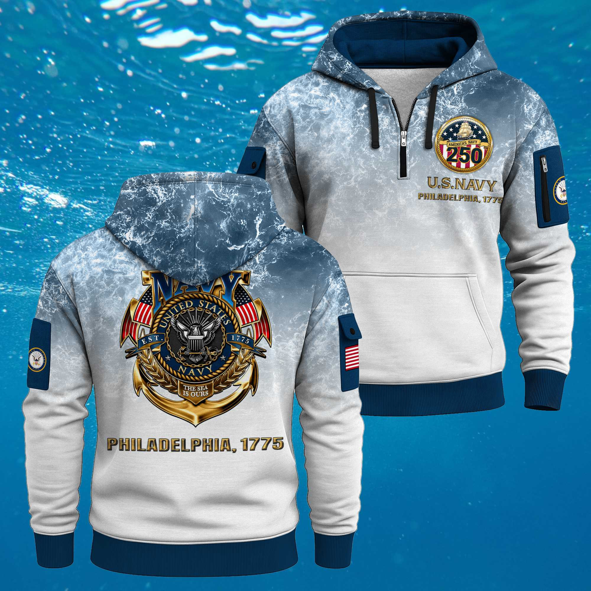 US NAVY 250th Years Of Service All-over Quarter Zip Hoodie Philadelphia 1775 Army Veteran Gifts