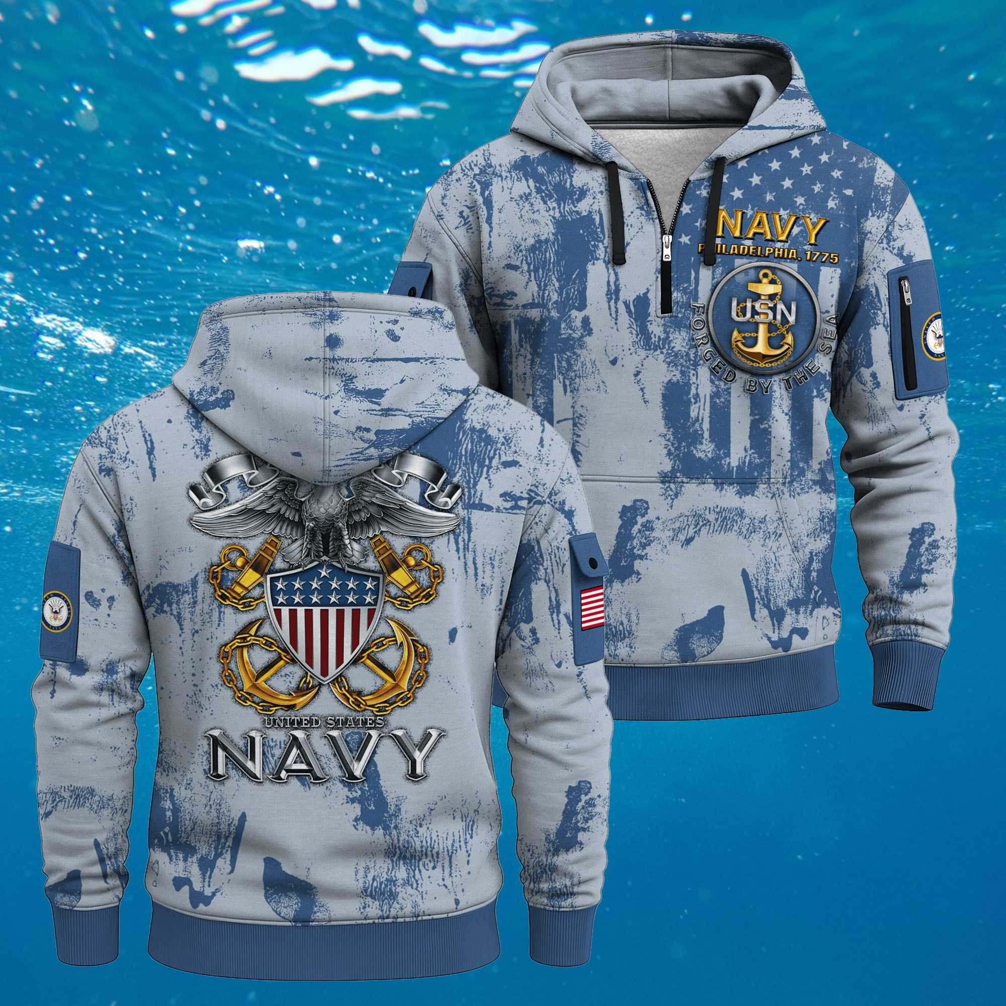 US NAVY 250th Years Of Service Quarter Zip Hoodie Forged By The Sea Philadelphia 1775 Camo Gift