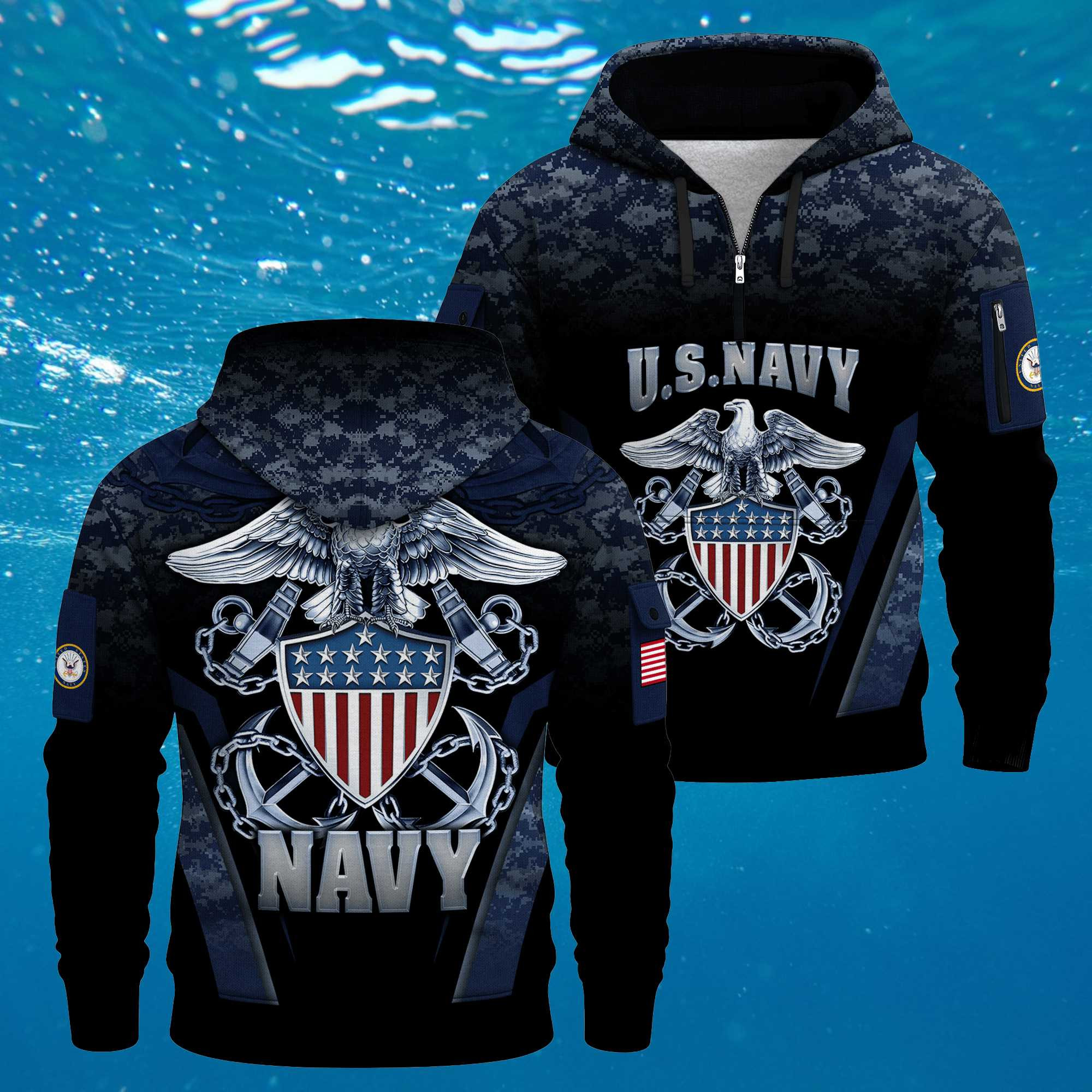 US NAVY 250th Years Of Service Quarter Zip Hoodie Patriotic Military Navy Veteran Gift Ideas