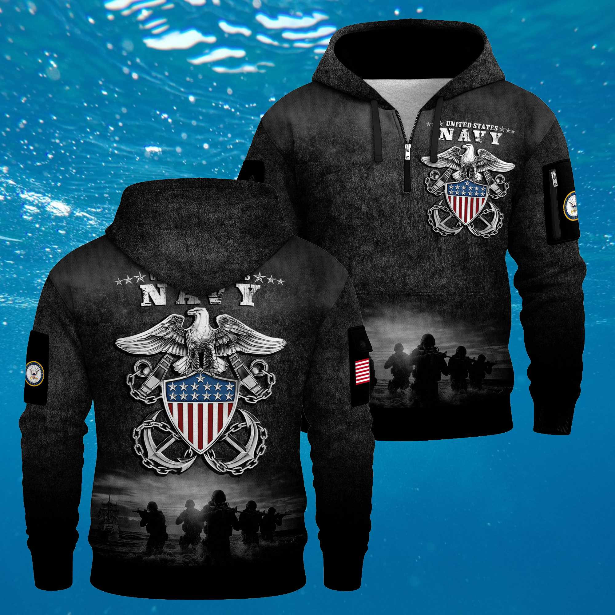 US NAVY 250th Years Of Service Quarter Zip Hoodie Silver Eagle American Flag Veteran Gift Ideas