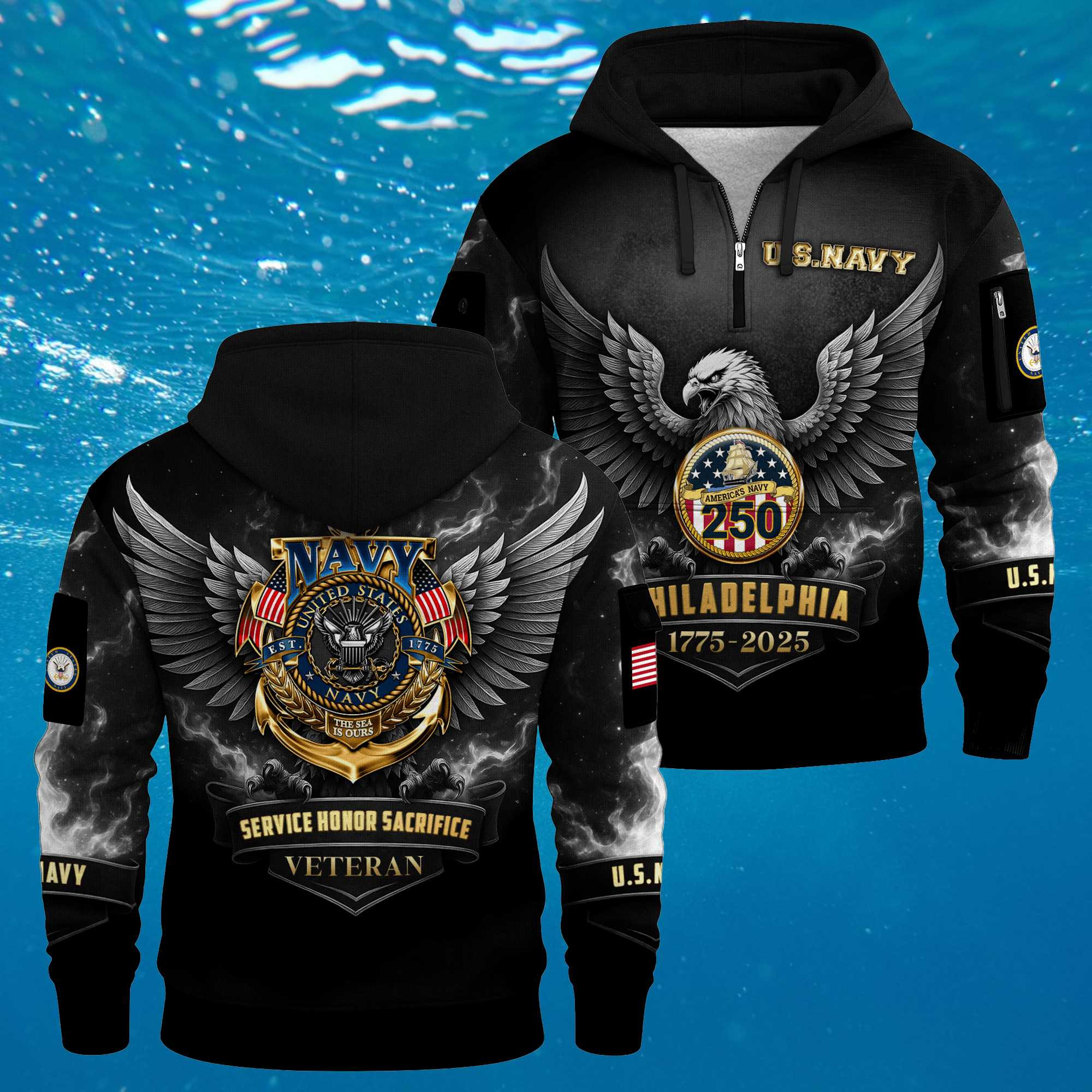 US NAVY 250th Years Of Service Quarter Zip Hoodie Veteran Service Honor Sacrifice Army Gift