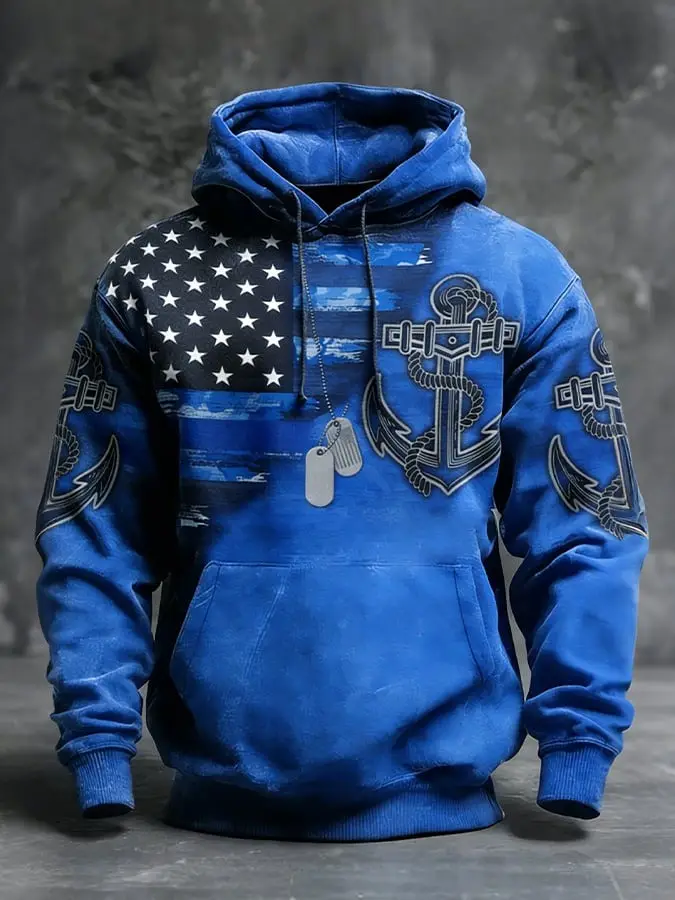 US Navy Anchor Hoodie Blue Line American Flag Military Veteran Pullover Gift For Him