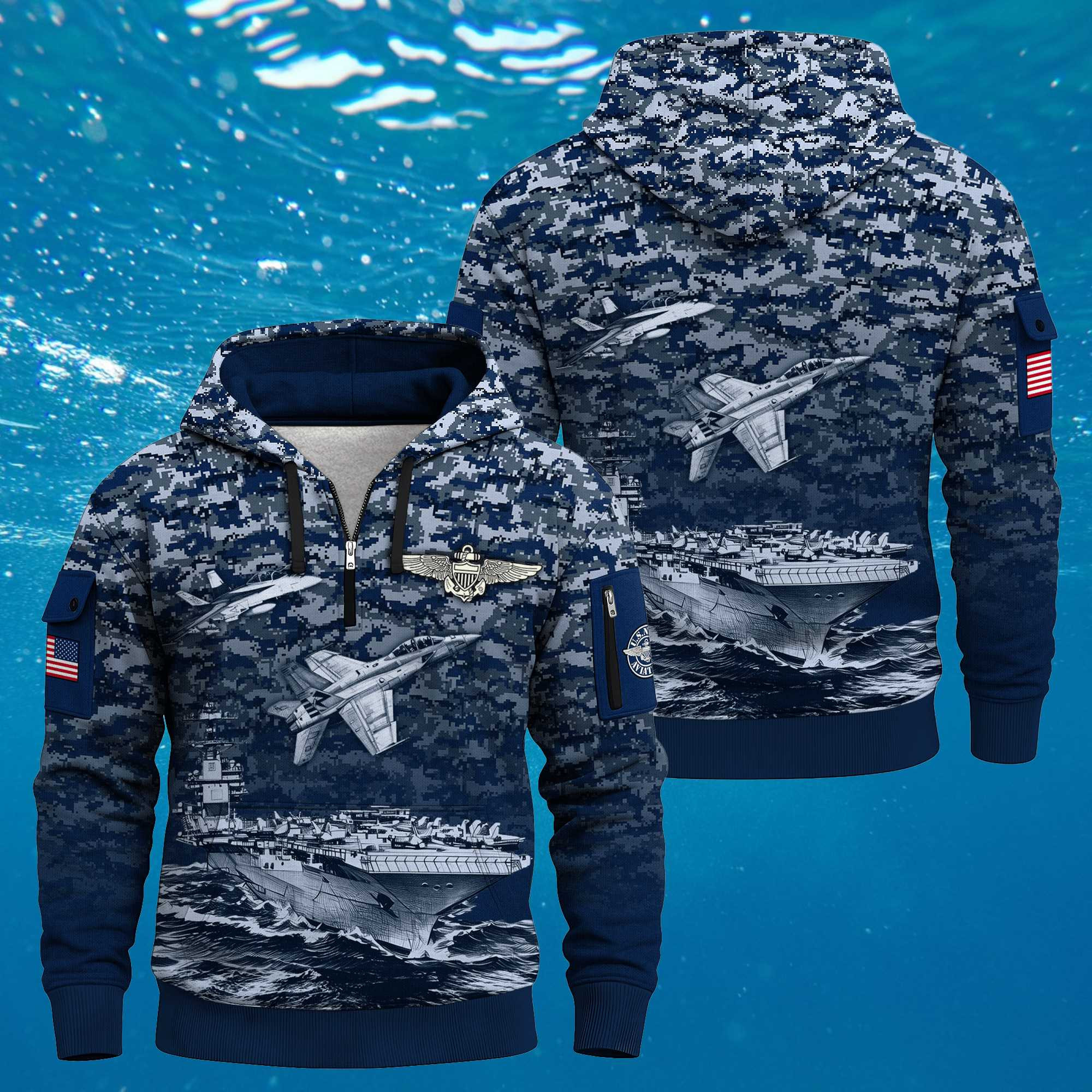 US Navy Naval Aviation 250th Years Quarter Zip Hoodie Army Camouflage Decorative Veterans Gifts