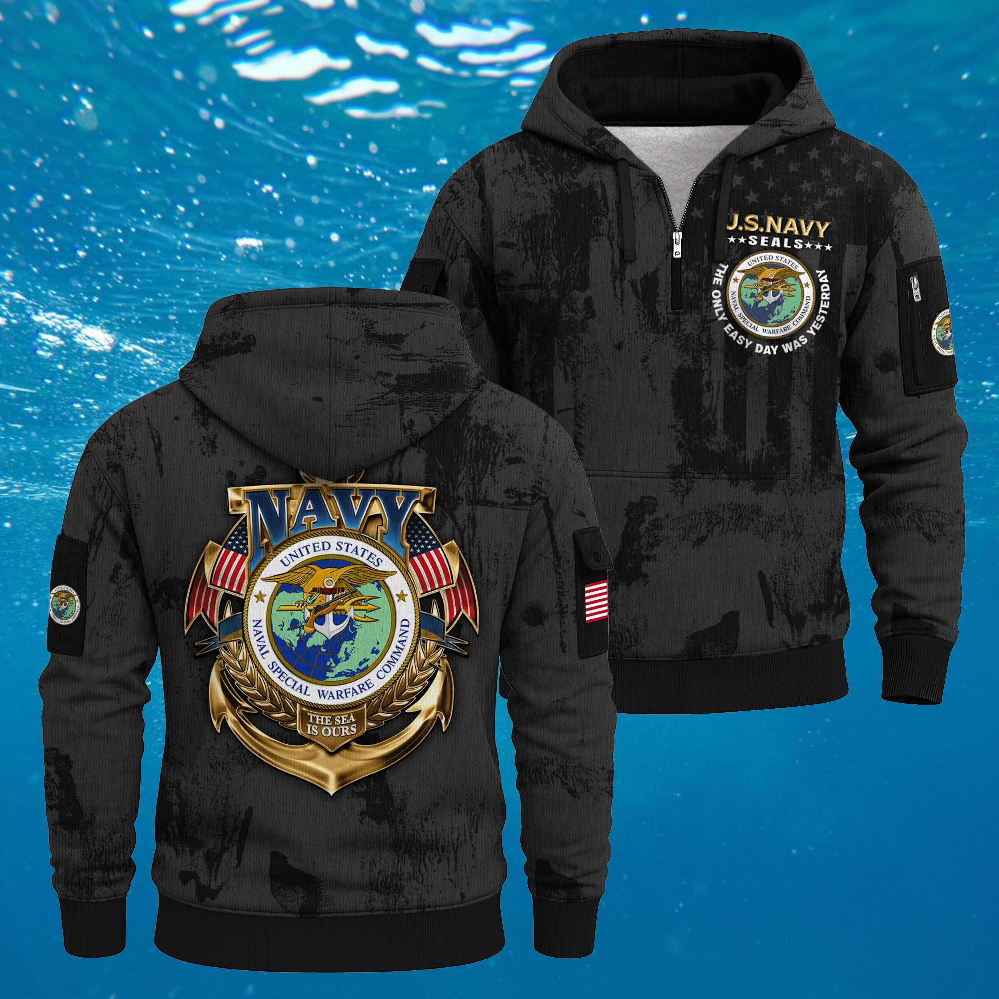 US Navy Naval Special Warfare 250th Years All-over Quarter Zip Hoodie Patriotic Military Gift