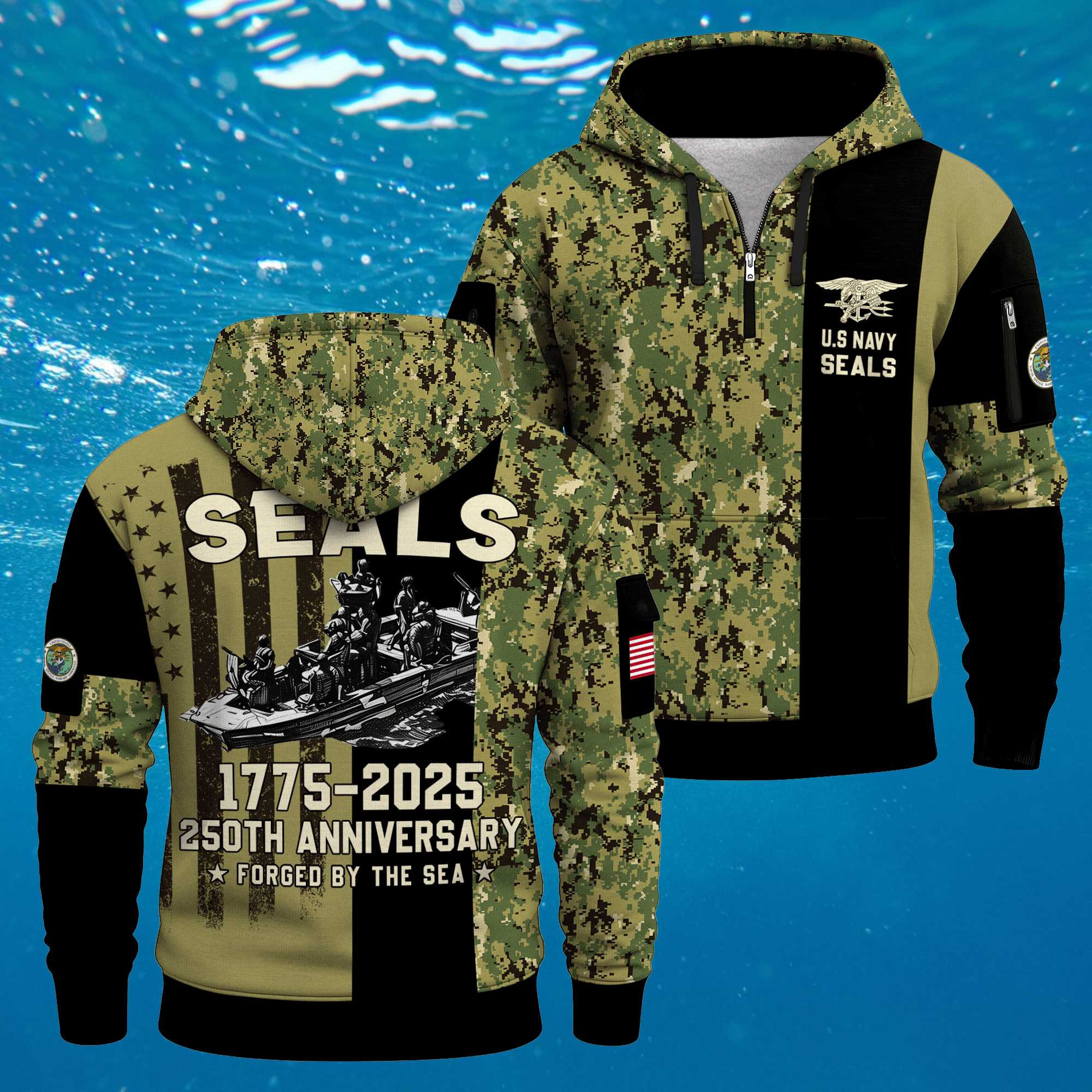 US Navy Naval Special Warfare 250th Years Quarter Zip Hoodie Forged By The Sea Navy Veteran Gift