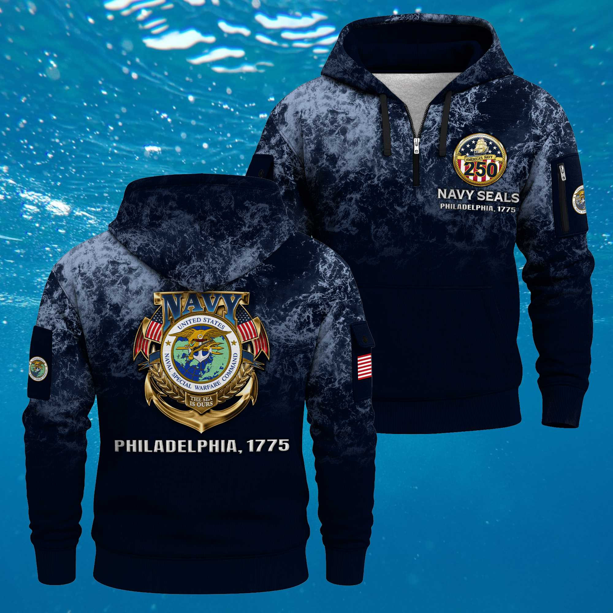 US Navy Naval Special Warfare 250th Years Quarter Zip Hoodie Philadelphia 1775-2025 Veteran Gift