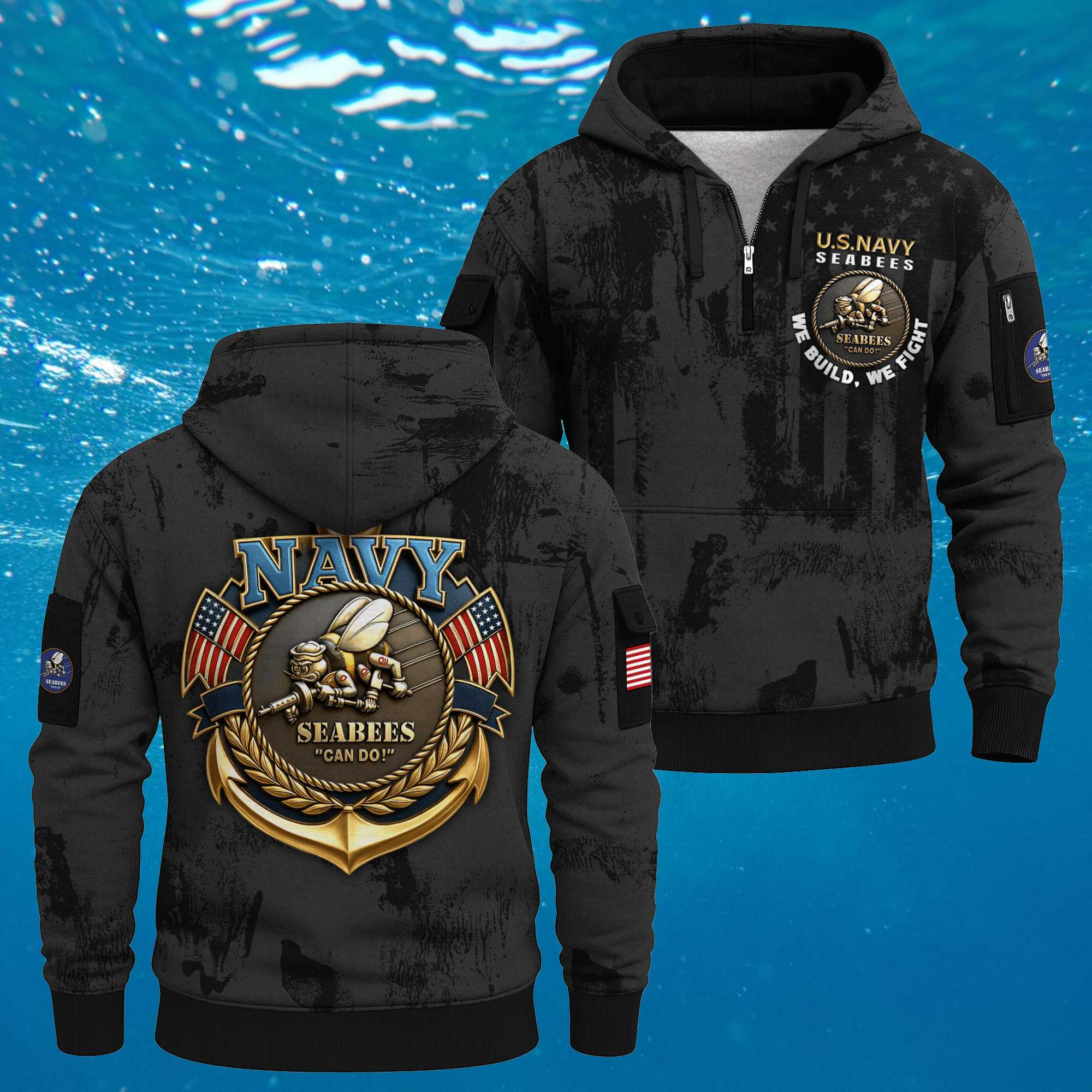 US Navy Seabees 250th Years All-over Quarter Zip Hoodie We Build We Fight Hoodie Veteran Gifts