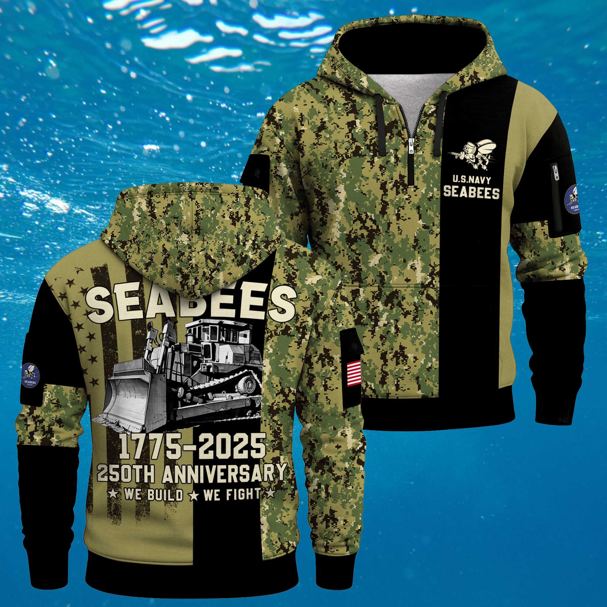 US Navy Seabees 250th Years Quarter Zip Hoodie 1775-2025 Military Camo Navy Veteran Gift US Navy Seabees 250th Years Quarter Zip Hoodie 1775-2025 Military Camo Navy Veteran Gift - Image 1