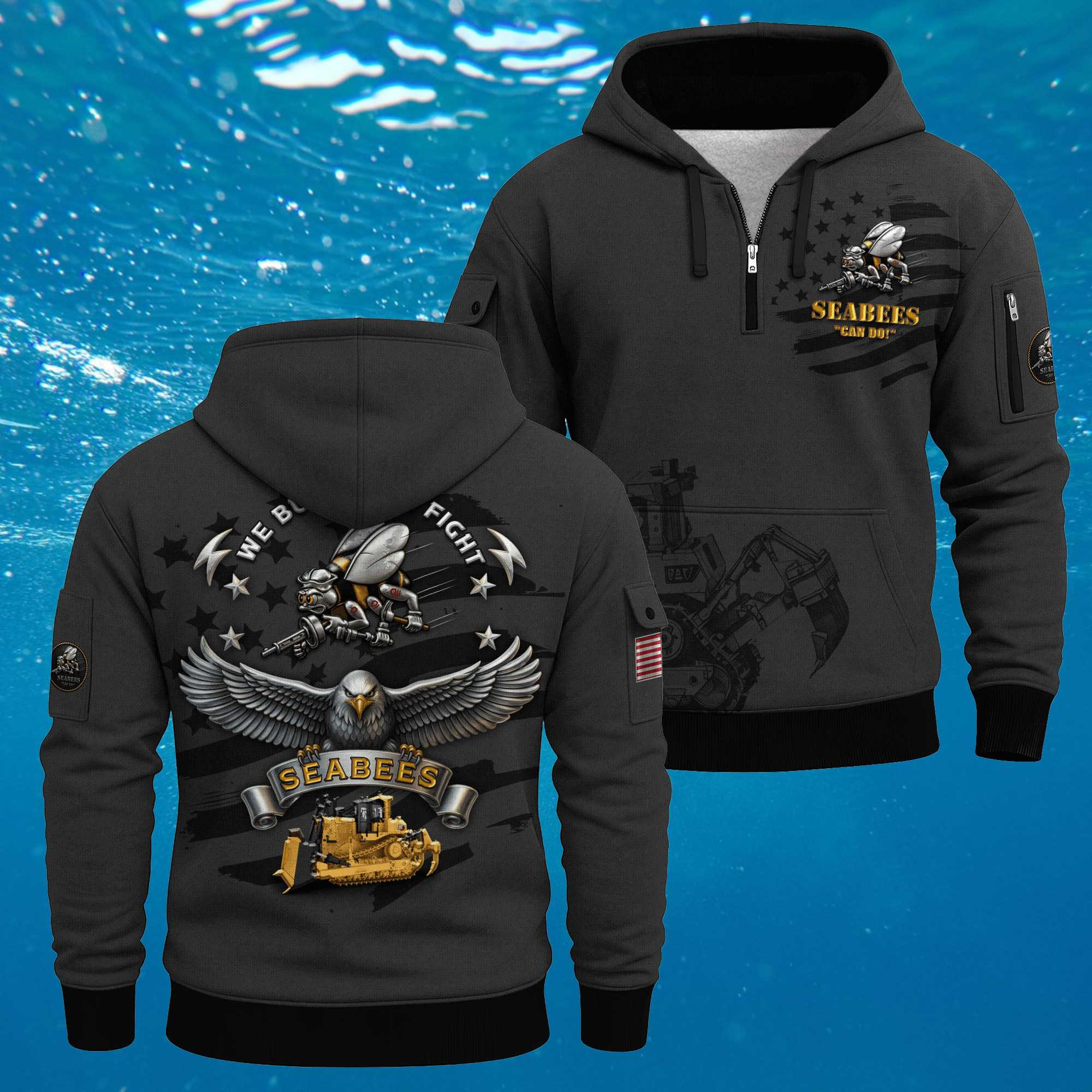 US Navy Seabees 250th Years Quarter Zip Hoodie American Eagle Navy Hoodie Army Veteran Gifts