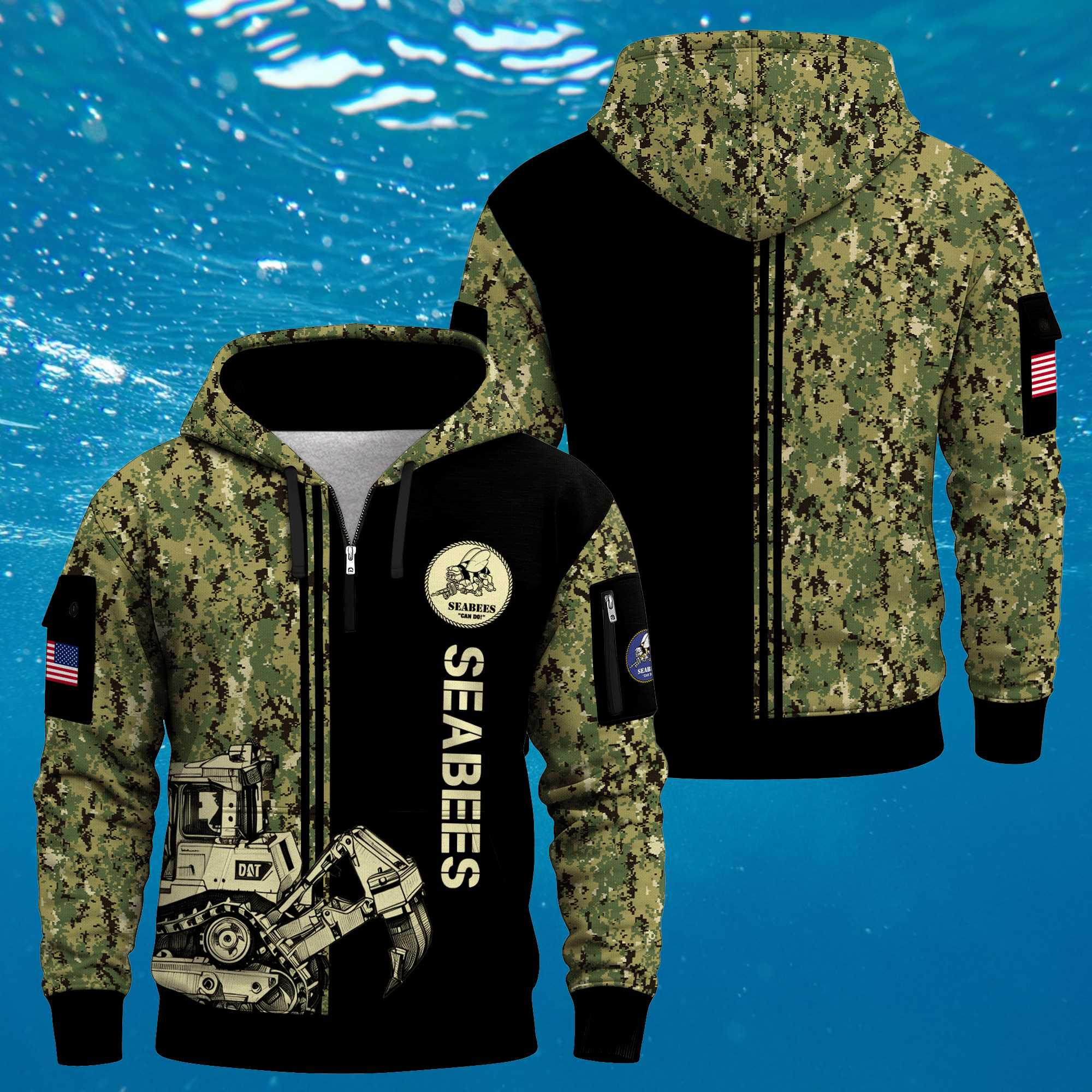 US Navy Seabees 250th Years Quarter Zip Hoodie Navy Camo Construction Unique Gifts For Veterans