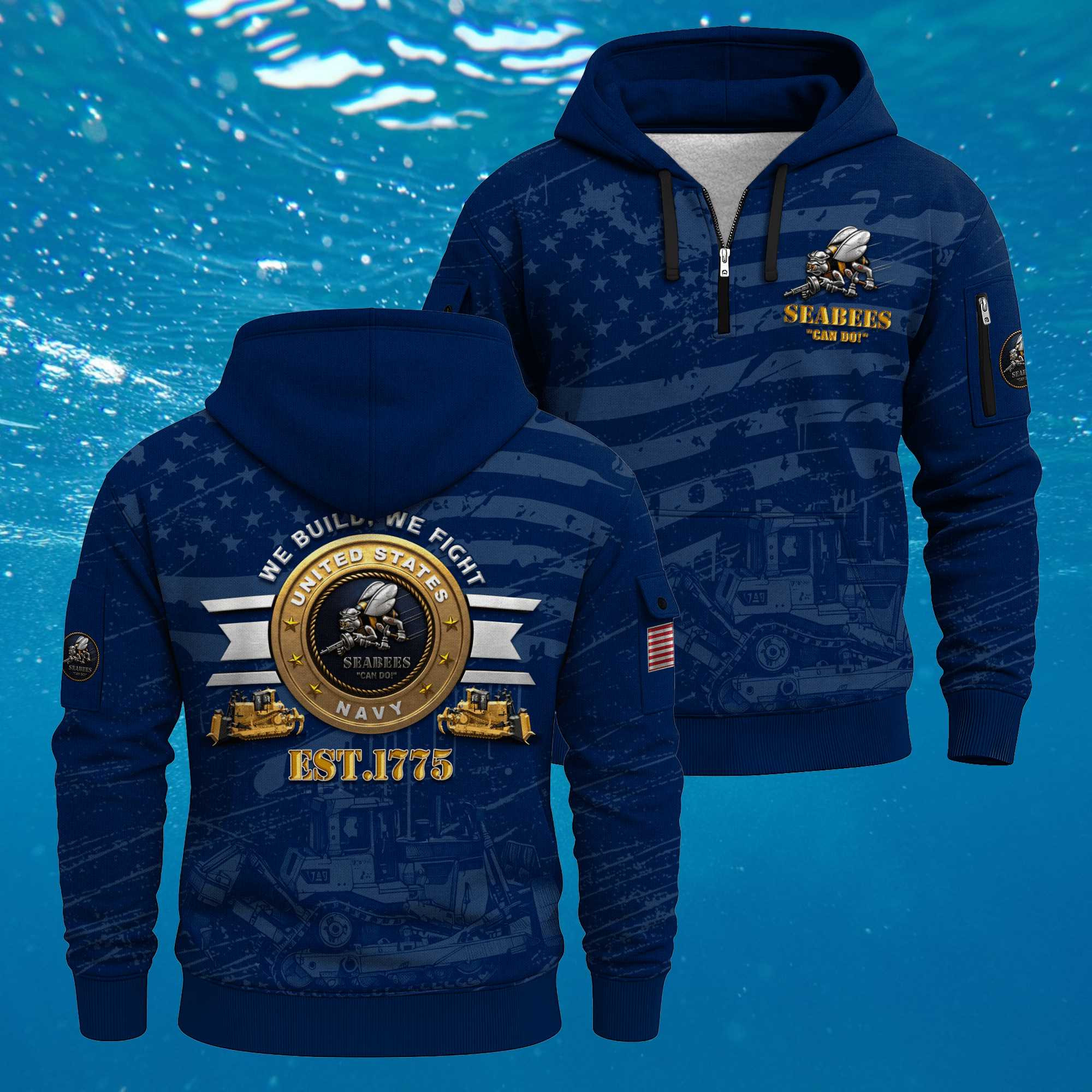 US Navy Seabees 250th Years Quarter Zip Hoodie United States Navy Best Gifts For Veterans