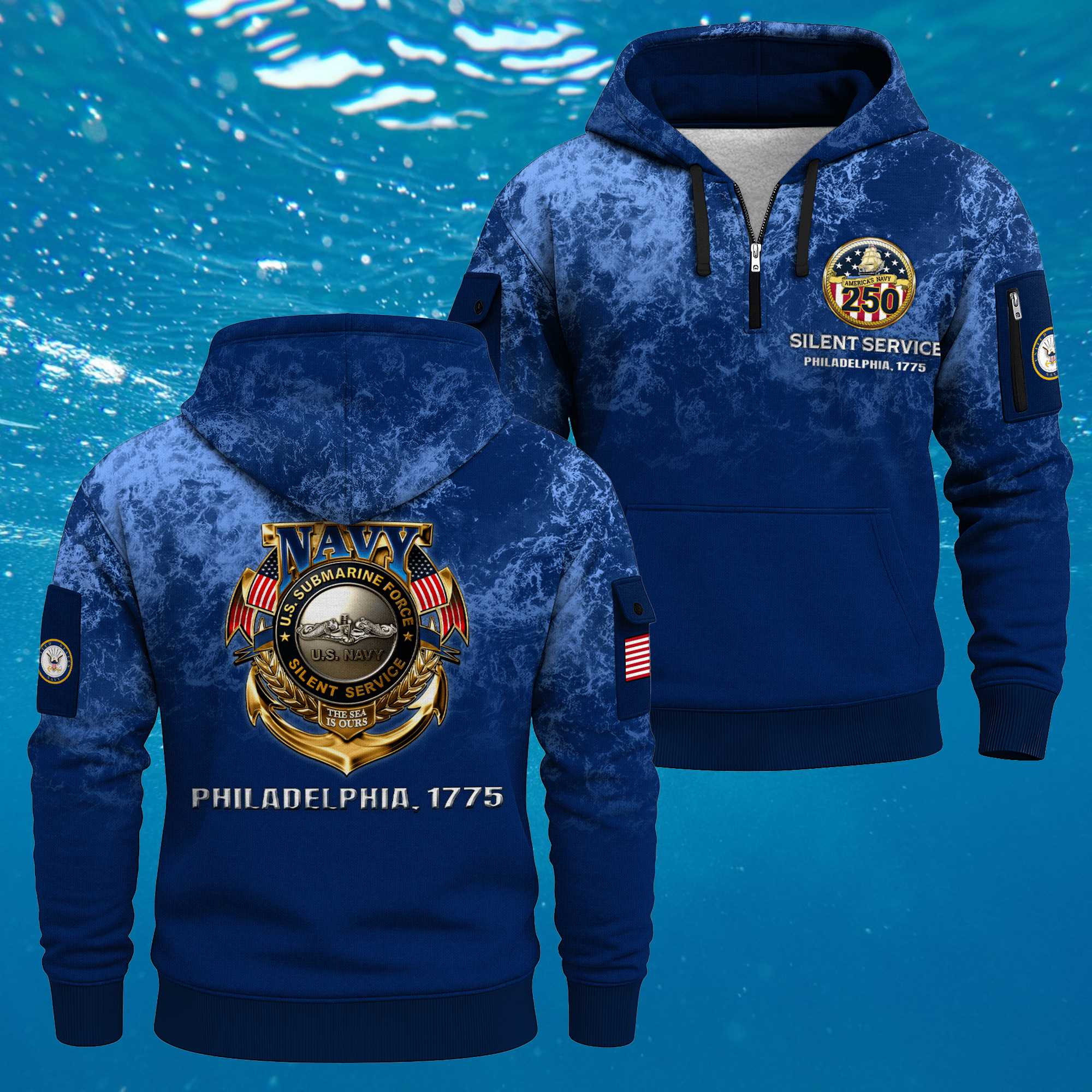 US Navy Submarine 250th Years All-over Quarter Zip Hoodie Philadelphia 1775 Military Veteran Gift