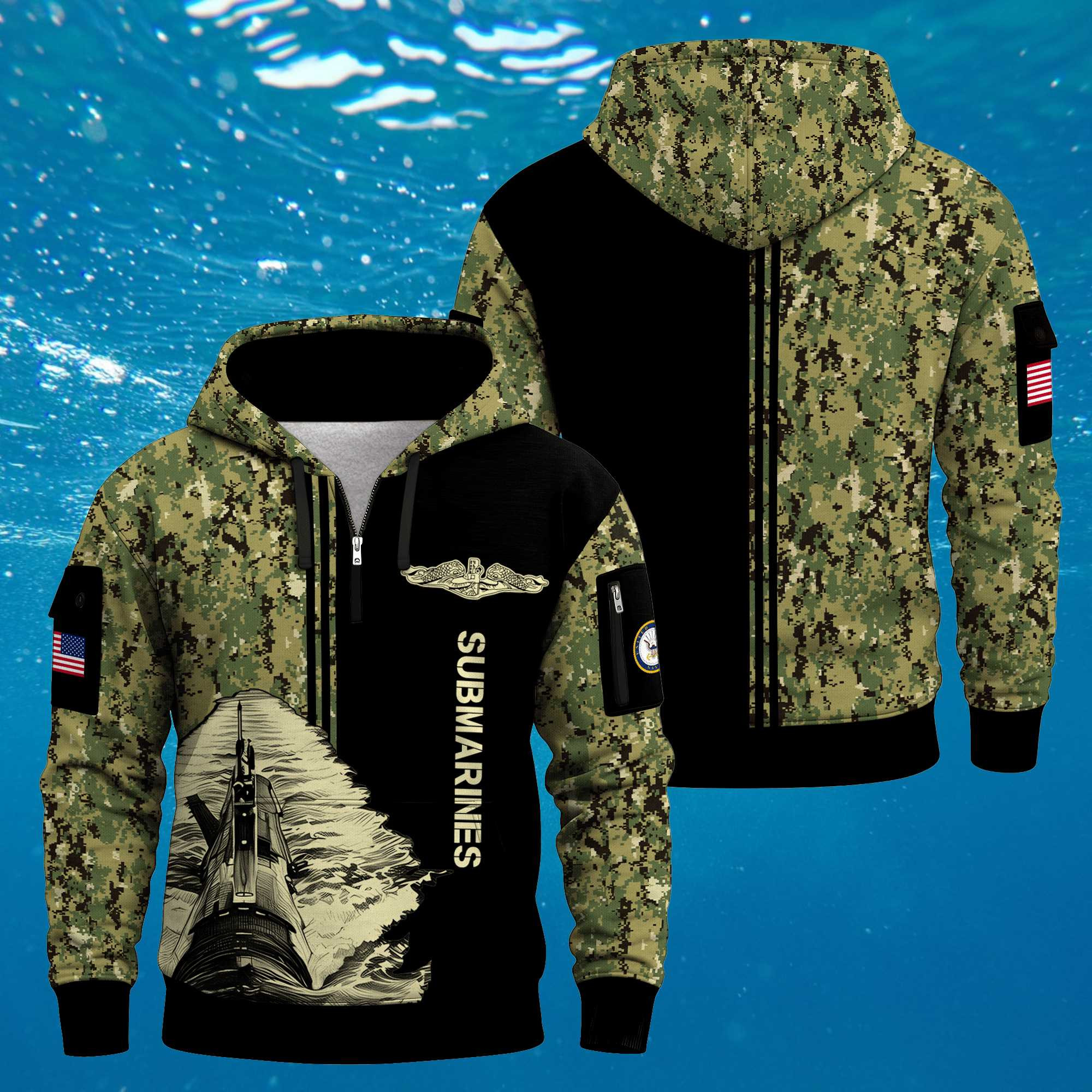 US Navy Submarine 250th Years Quarter Zip Hoodie Patriotic Heritage Camo Veterans Day Gifts