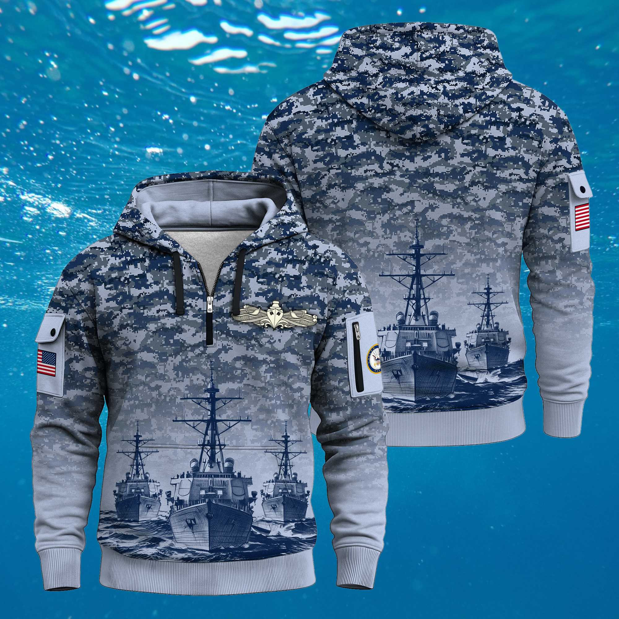 US Navy Surface Warfare 250th Years All-over Quarter Zip Hoodie Military Wear Veteran Gift Days