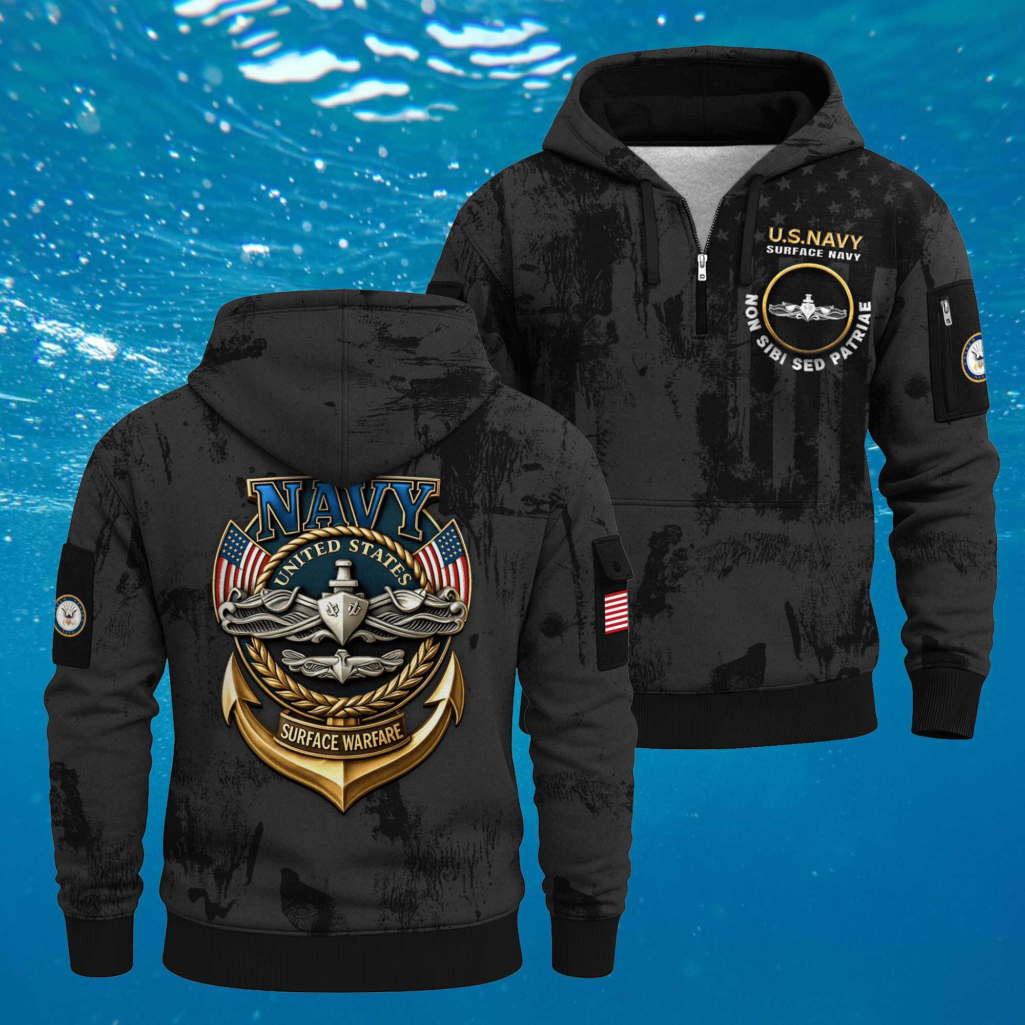 US Navy Surface Warfare 250th Years All-over Quarter Zip Hoodie Navy Surface Warfare Pride Gift