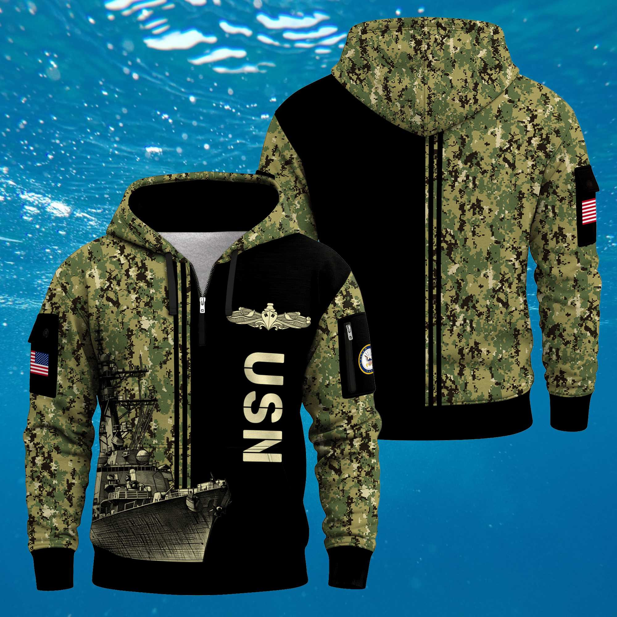 US Navy Surface Warfare 250th Years All-over Quarter Zip Hoodie Patriotic Naval Camo Veteran Gift