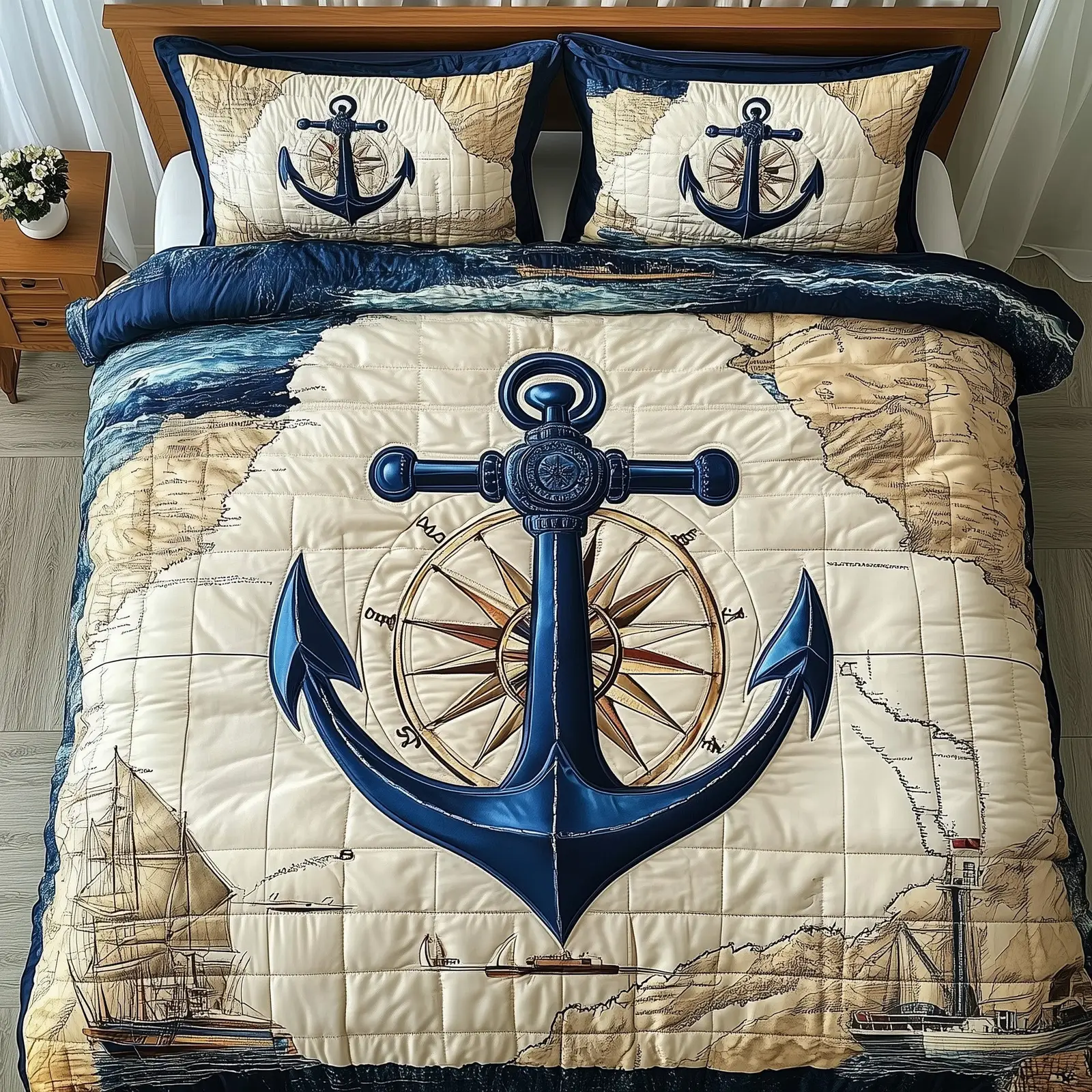 US Navy Veteran Nautical Anchor 3-Piece Quilted Bedding Set Duvet Cover Bedspread Veteran Gifts