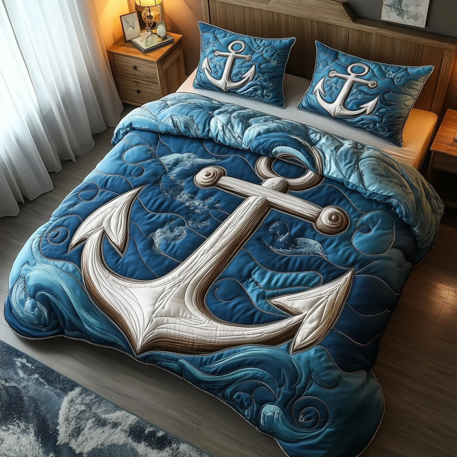 US Navy Veteran Nautical Anchor Quilted Bedding Set Duvet Cover Bedspread Patriotic Gifts